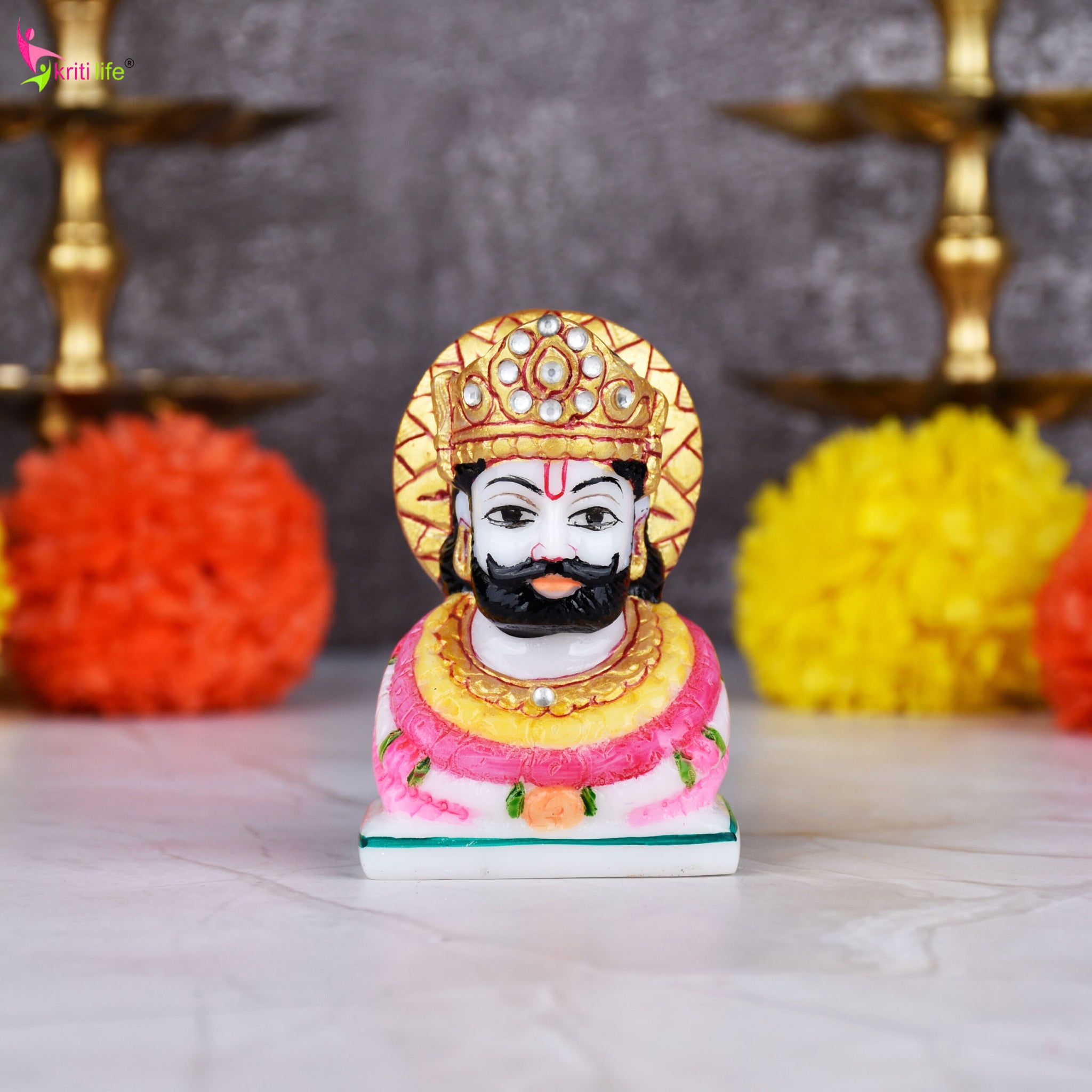Handcrafted Khatushyam Ji Idol – Marble Dust Statue 3 inches for Home Temple & Décor