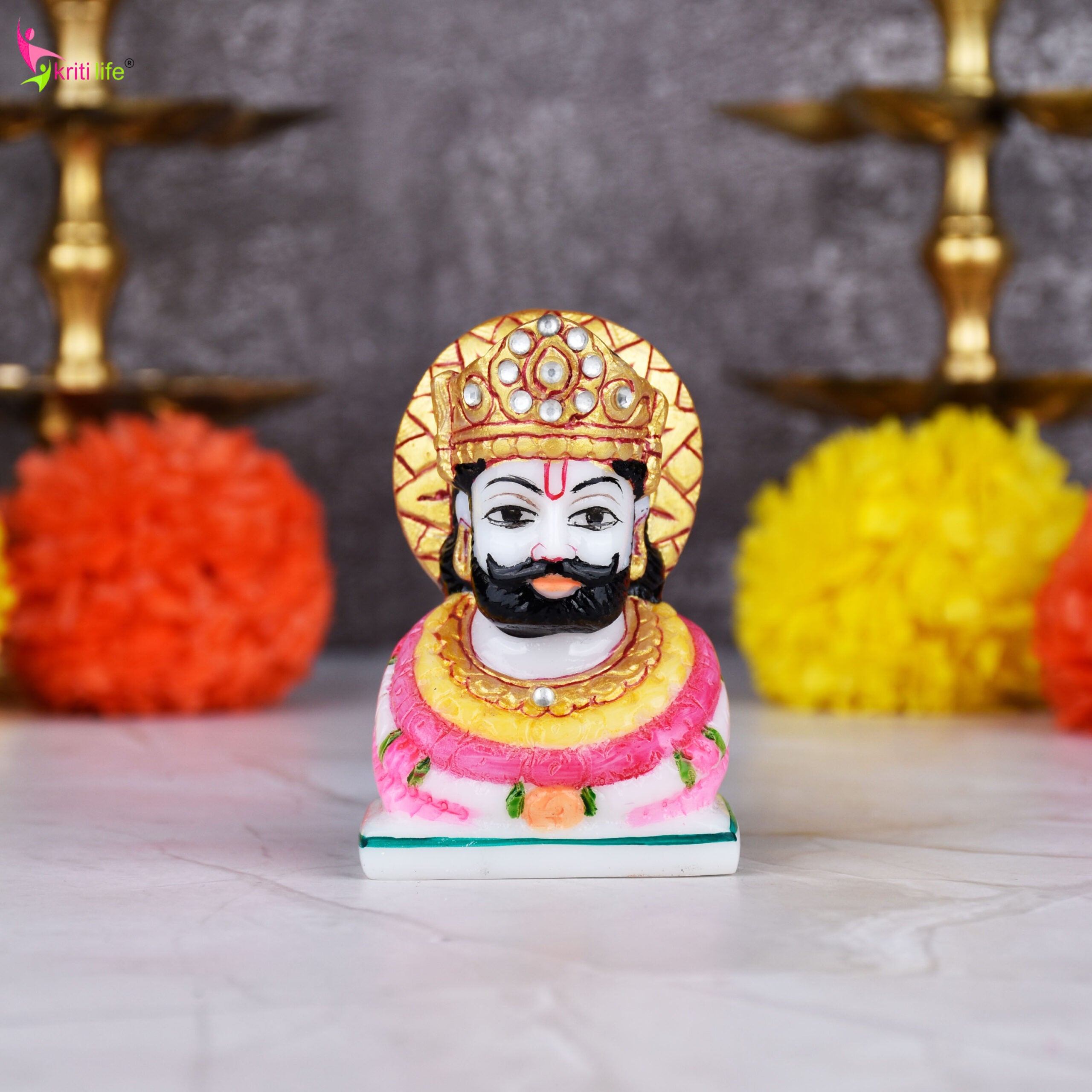 Handcrafted Khatushyam Ji Idol – Marble Dust Statue 3 inches for Home Temple & Décor