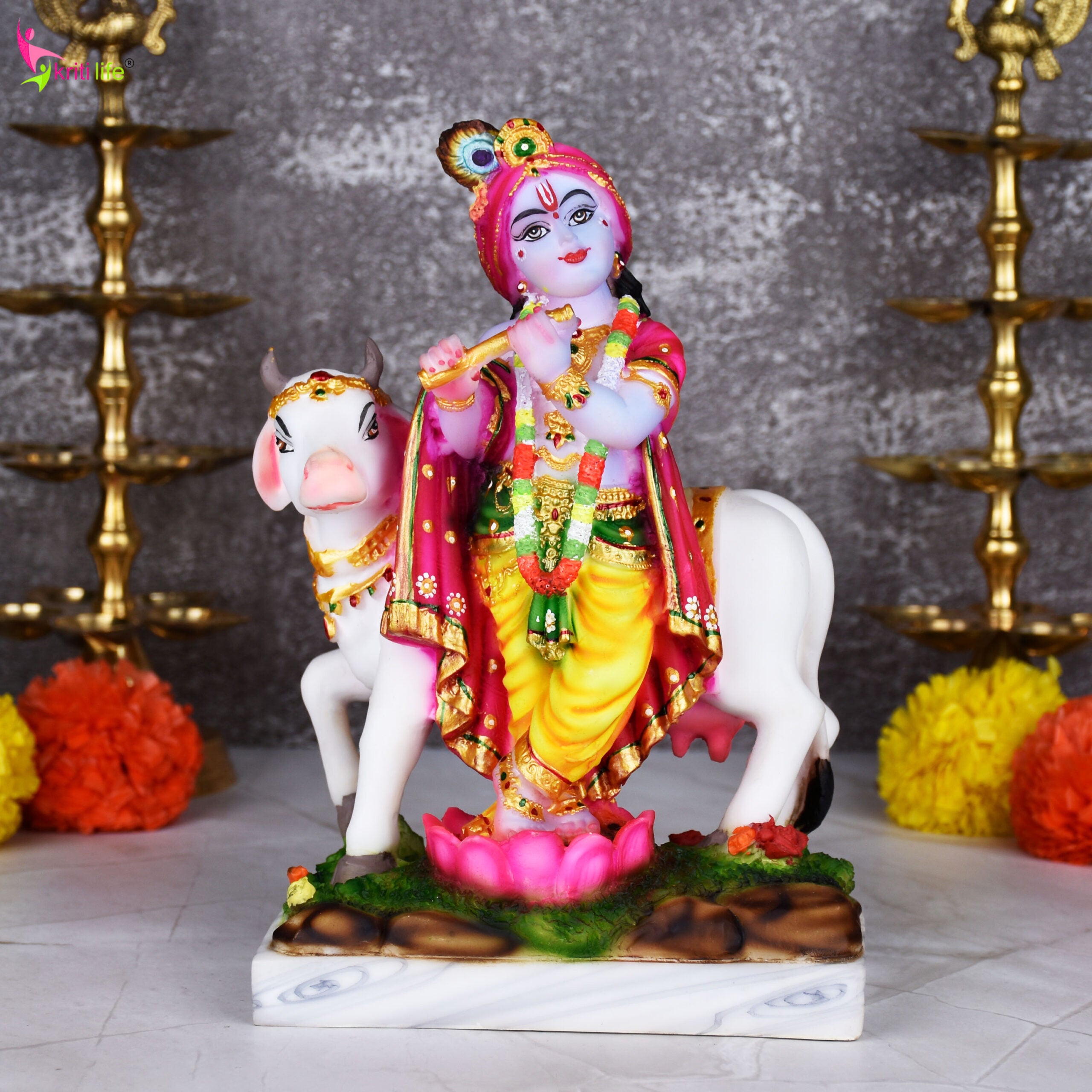Lord Krishna with Cow Marble Dust Idol | 9.5 inches | – Handcrafted Murti for Home Mandir & Décor
