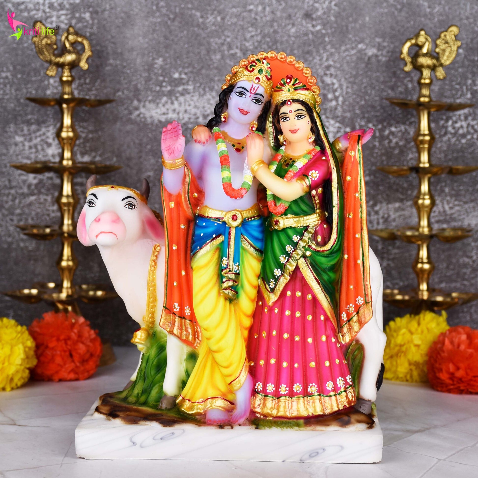 Radha Krishna with Cow Polyresin Idol | 10.5 inches | – Handcrafted Decorative Statue for Home Mandir & Gifting