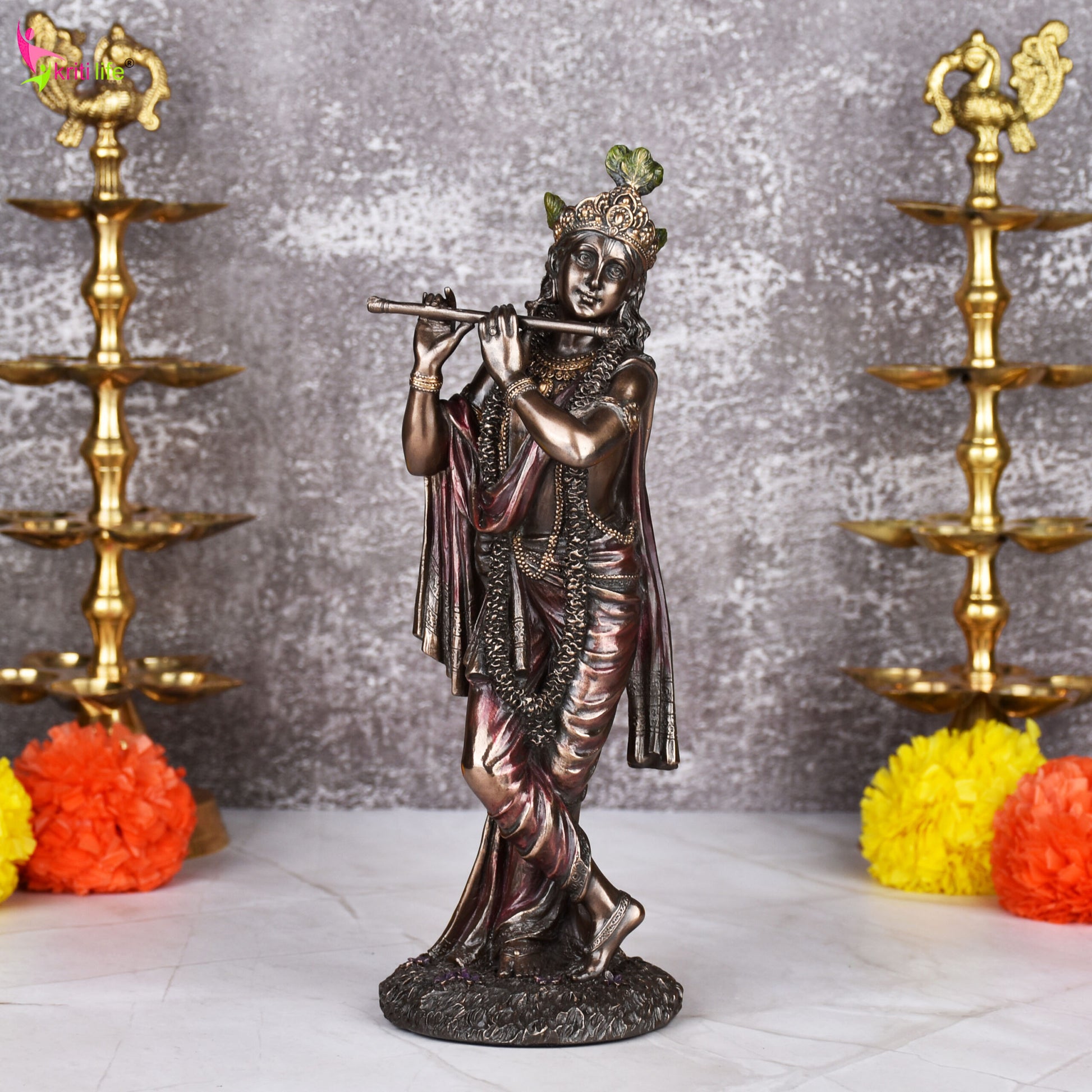 Lord Krishna Flute Idol | 10 inches | – Polystone Statue with Antique Finish for Home Temple & Gift