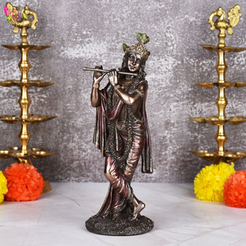 Lord Krishna Flute Idol | 10 inches | – Polystone Statue with Antique Finish for Home Temple & Gift