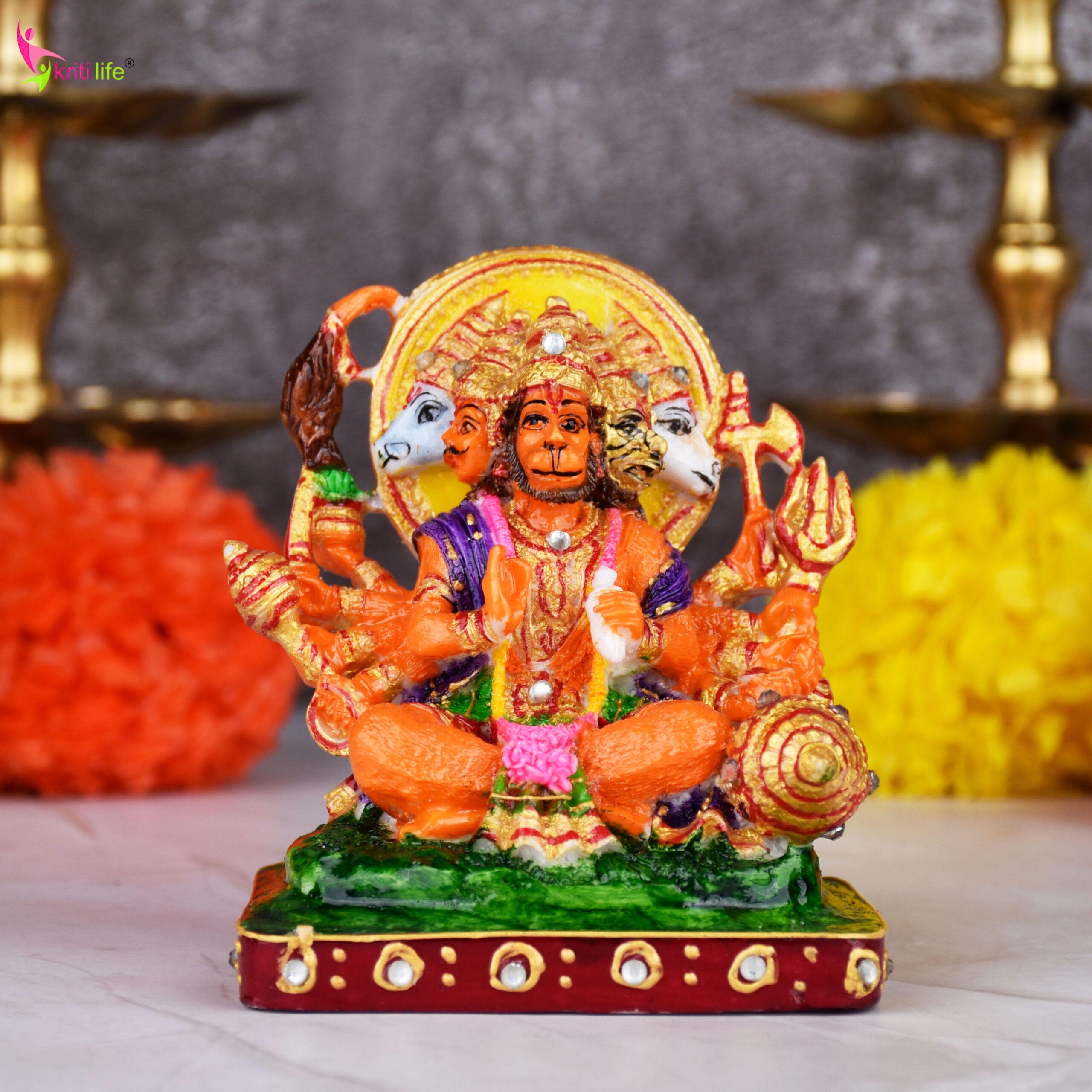 Panchamukhi Hanuman Idol | 3.5 inches | Multicolor Marble Dust Statue for Home & Temple