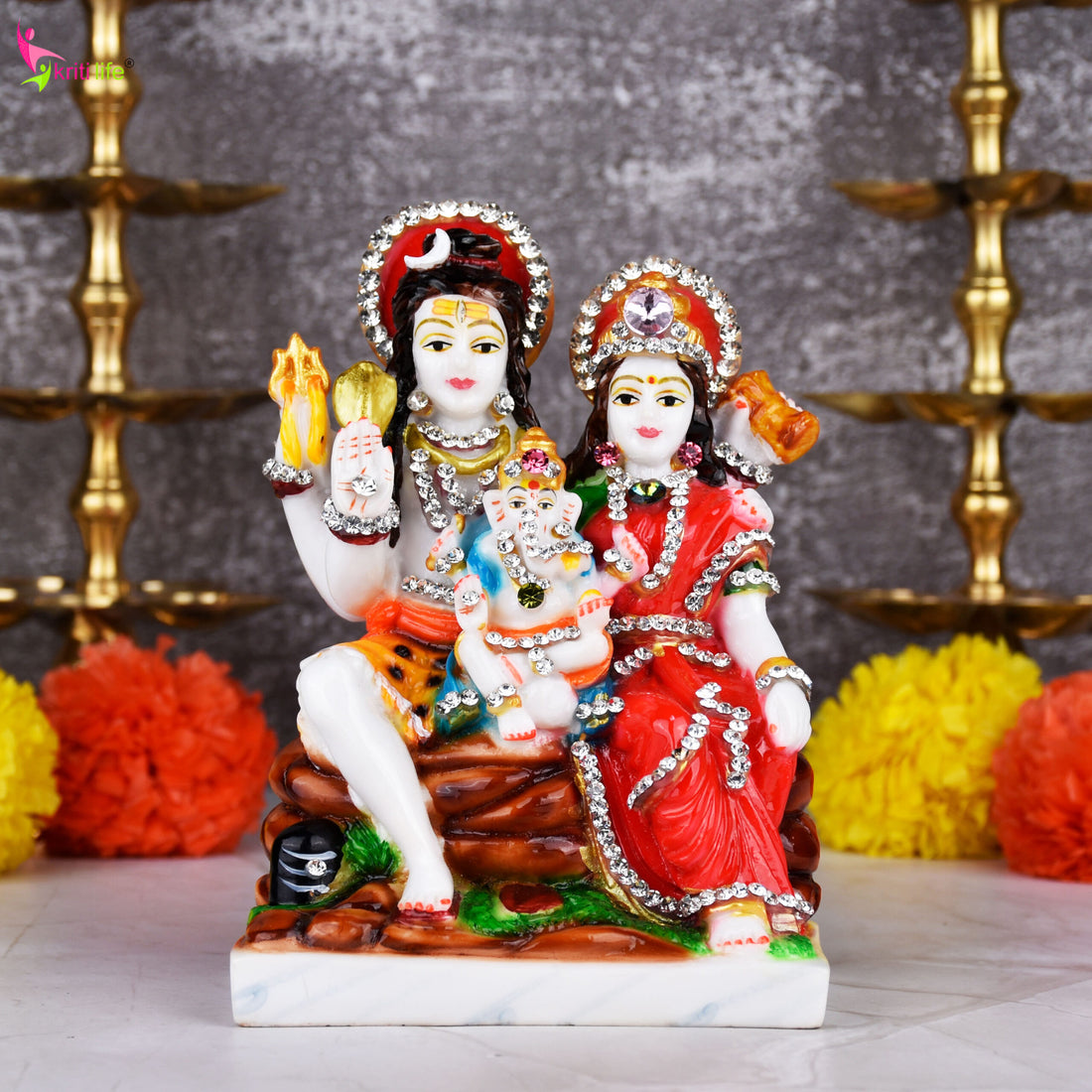 Shiva Parivar Idol | 6 inches | Polyresin Lord Shiva, Parvati & Ganesha Statue with Decorative Stonework