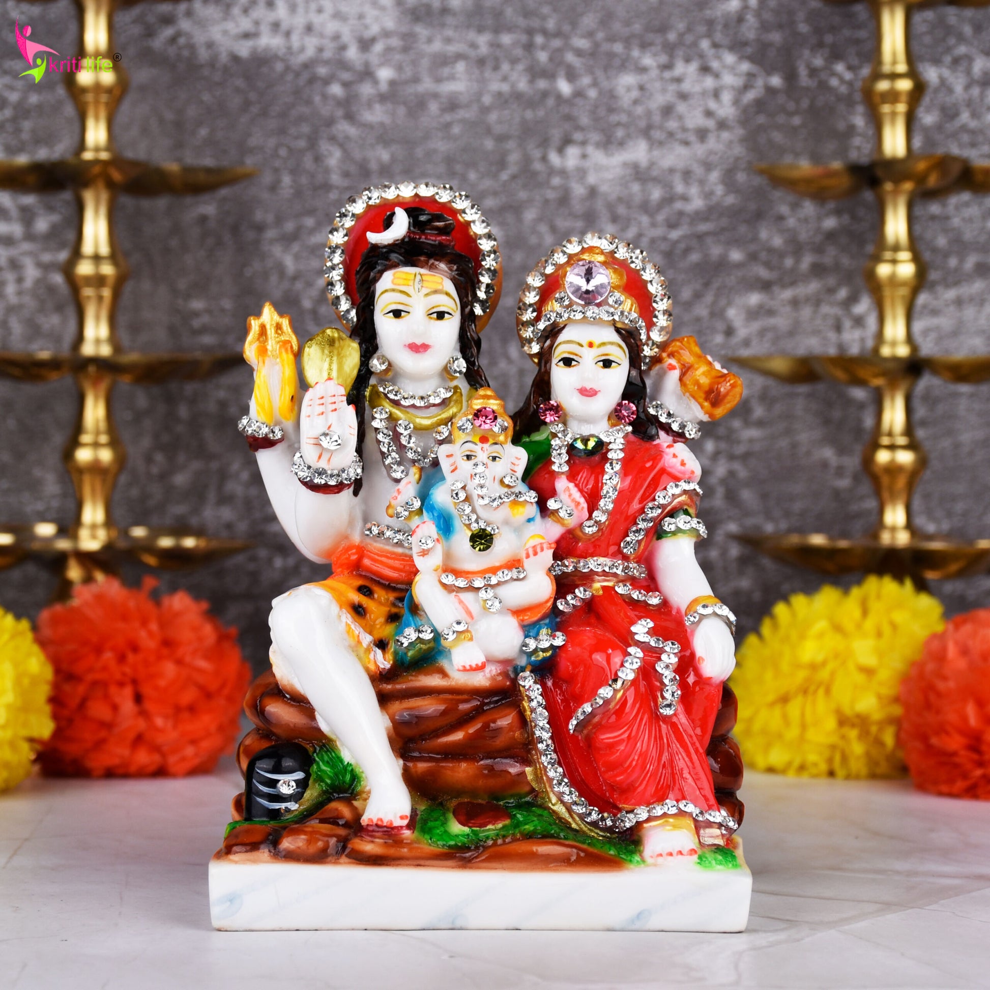 Shiva Parivar Idol | 6 inches | Polyresin Lord Shiva, Parvati & Ganesha Statue with Decorative Stonework