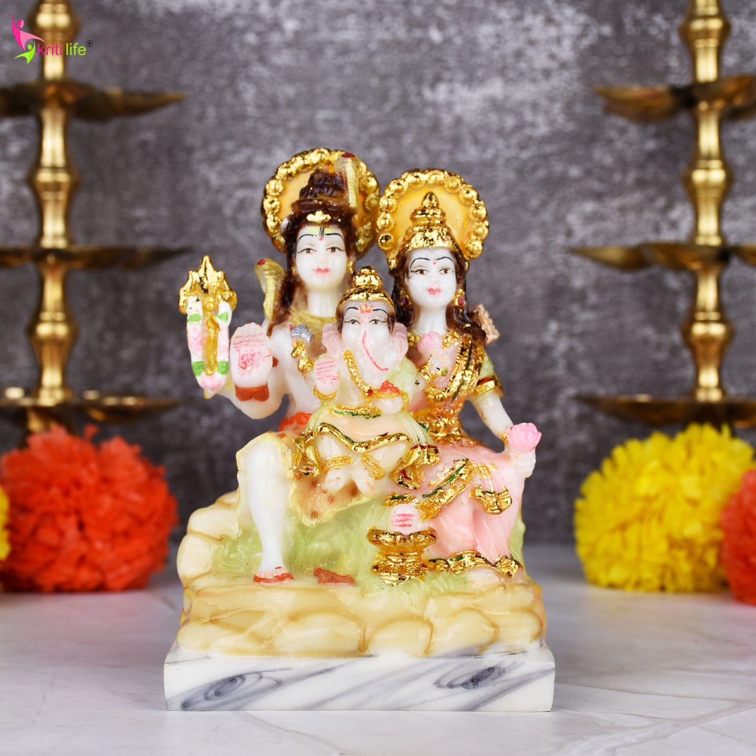 Shiva Parivar Idol | Lord Shiva, Parvati & Ganesha Statue in Poliresin – 5 inches - Multicolor Finish