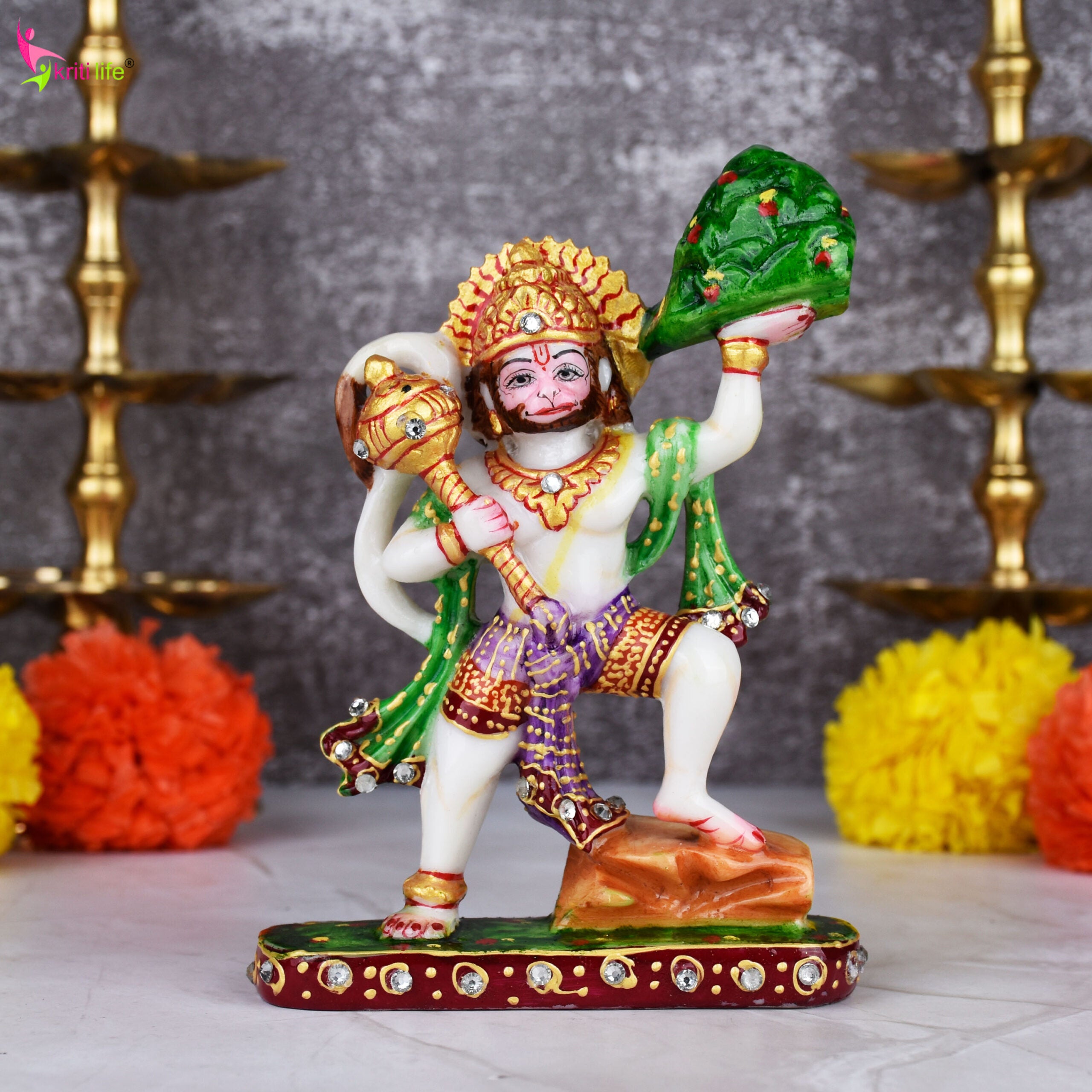 Lord Hanuman Idol – Marble Dust Statue 6 inches with Sanjeevani Mountain and Mace