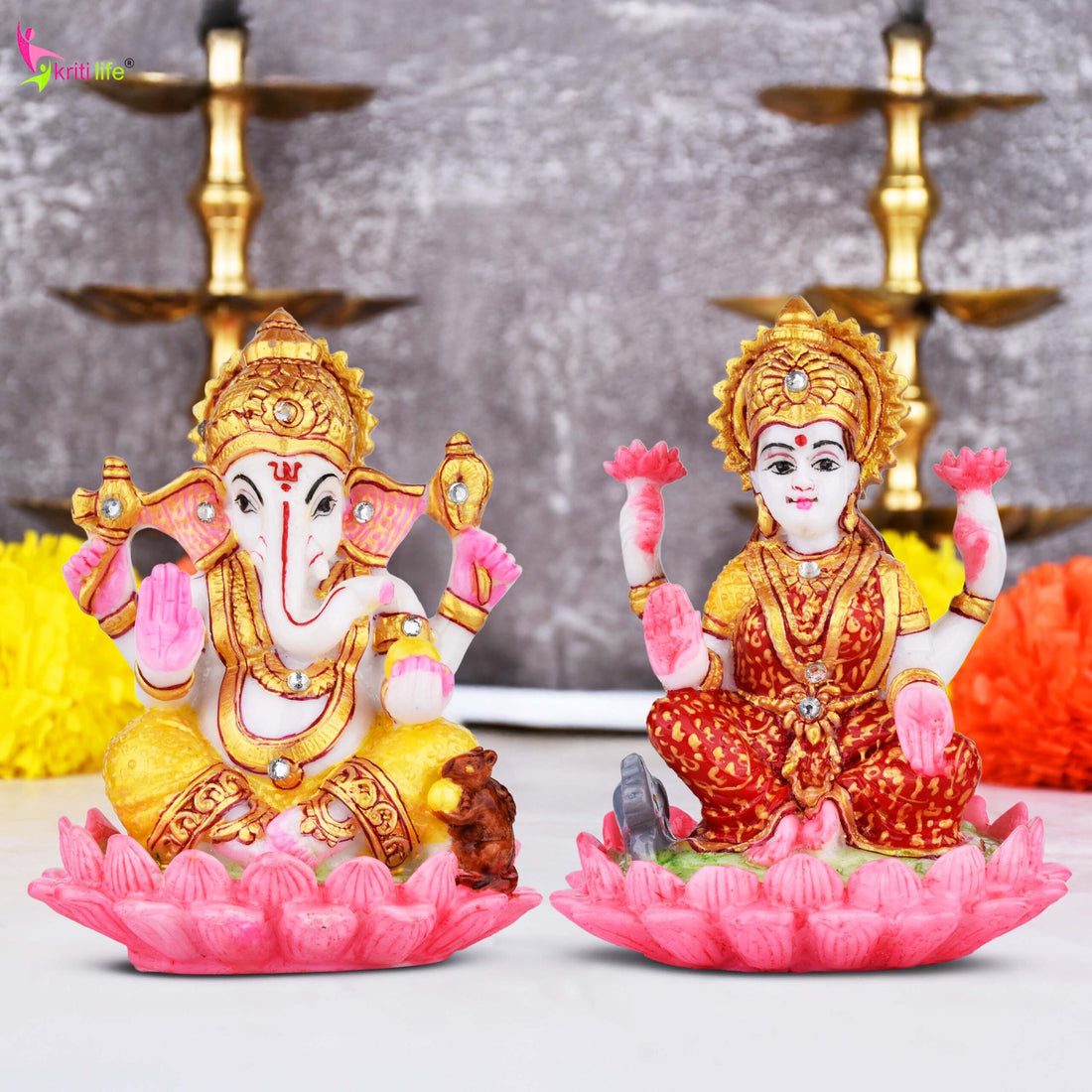 Laxmi Ganesh Idol Set | 7 inches | – Decorative Marble Dust Murti on Lotus Base for Pooja & Home Décor