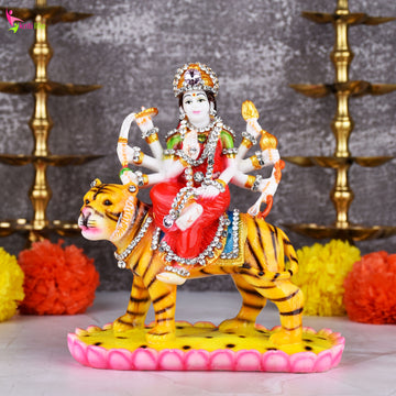 Goddess Durga Idol on Tiger – Polyresin Statue with Decorative Stones for Home Temple & Navratri | 7 inches
