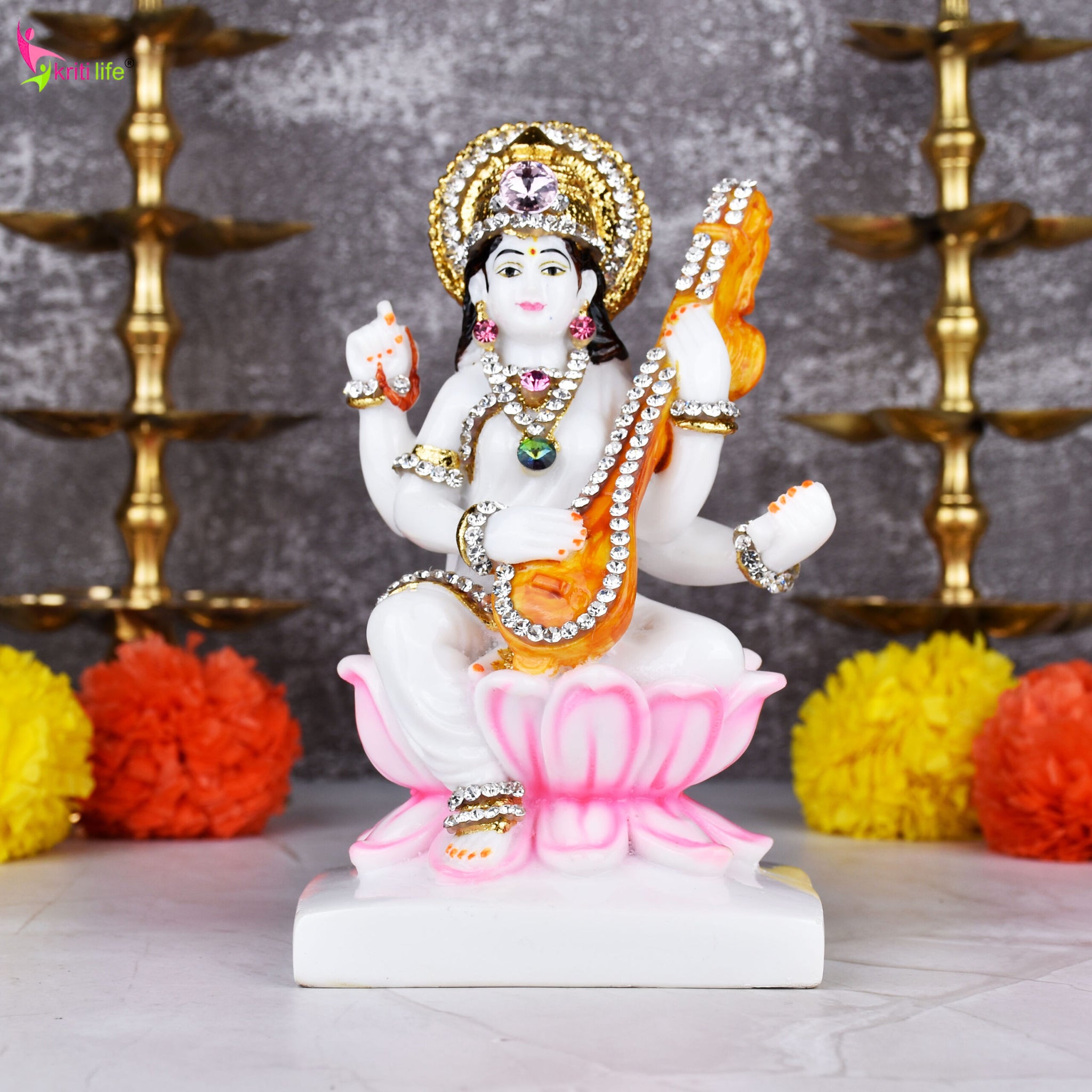 Goddess Saraswati Idol Sitting on Lotus with Veena – Polyresin  Decorative Murti for Home & Office - 6.5 inches