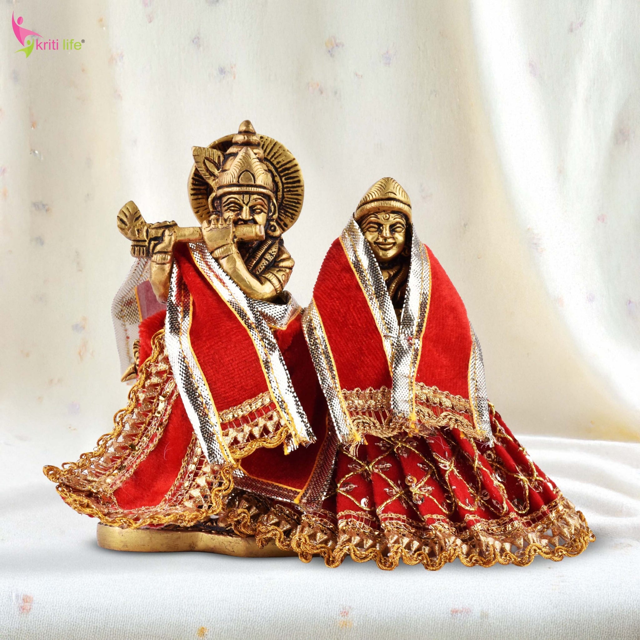 Velvet Red Radha Krishna Dress Set for 4 Inch Idol – Rich Embroidered Vastra with Golden Lace