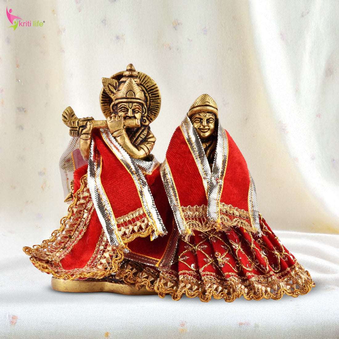 Velvet Red Radha Krishna Dress Set for 4 Inch Idol – Rich Embroidered Vastra with Golden Lace
