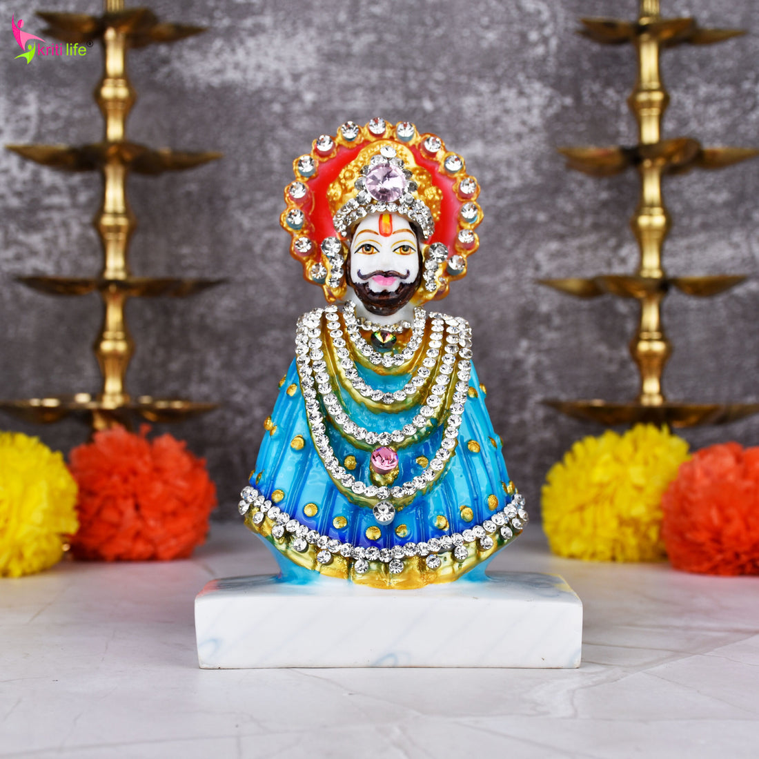 Baba Shyam Decorative Idol – 6 inches - Khatushyam Ji Polyresin Statue with Stones & Vibrant Finish