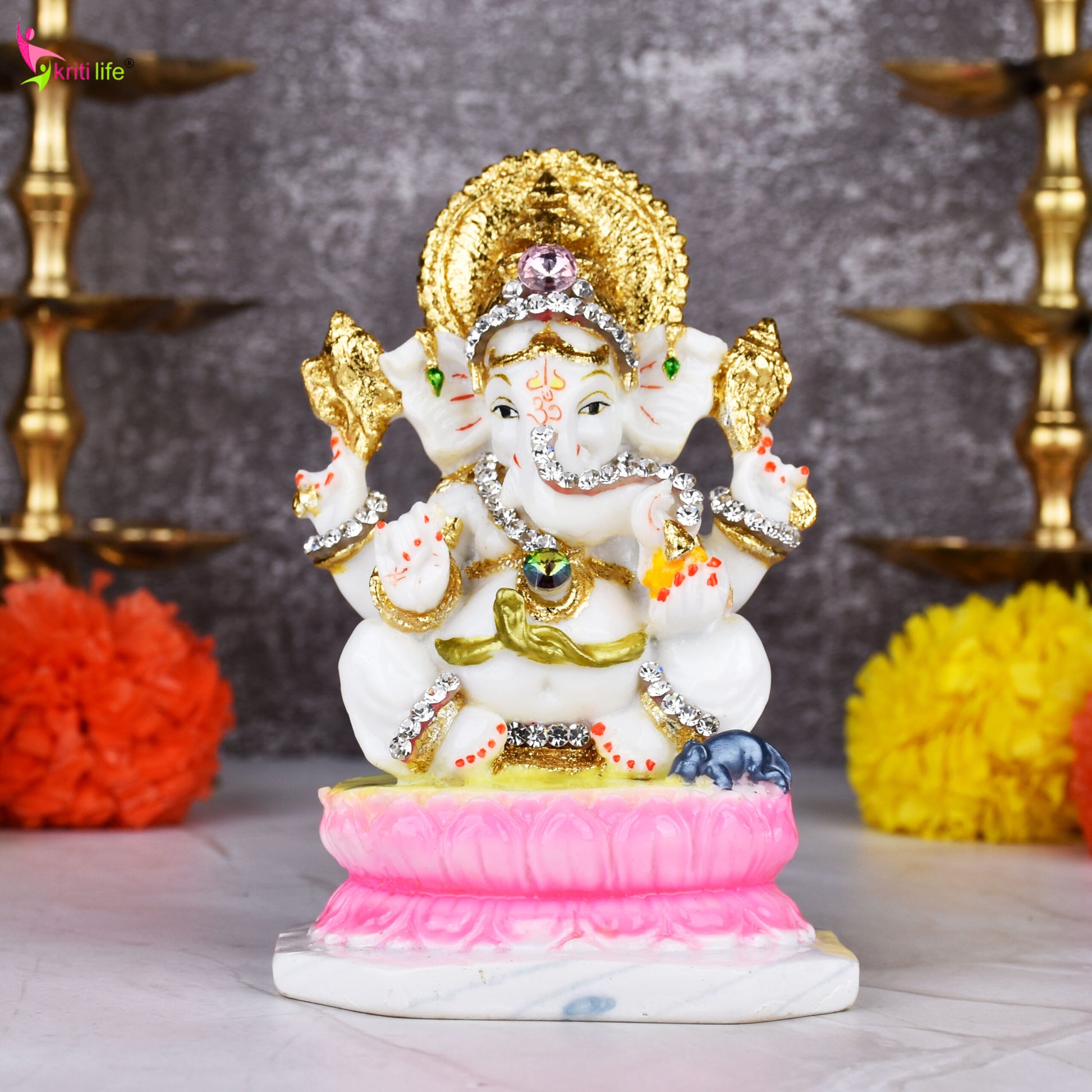Lord Ganesha Idol – Decorative Polyresin Statue with Stones & Pink Lotus Base - 5.5 inches
