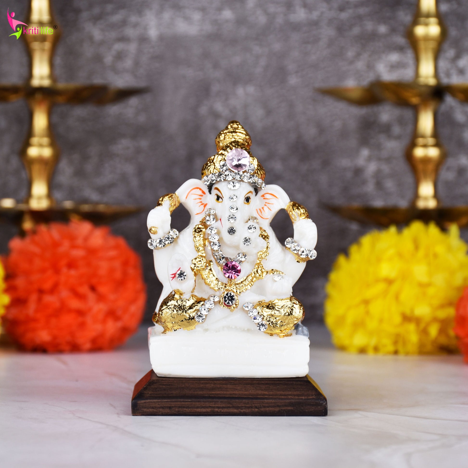 Lord Ganesha Idol with Decorative Stones – 3.5 inches - White & Gold Polyresin Statue for Home & Office