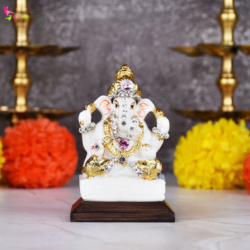 Lord Ganesha Idol with Decorative Stones – 3.5 inches - White & Gold Polyresin Statue for Home & Office