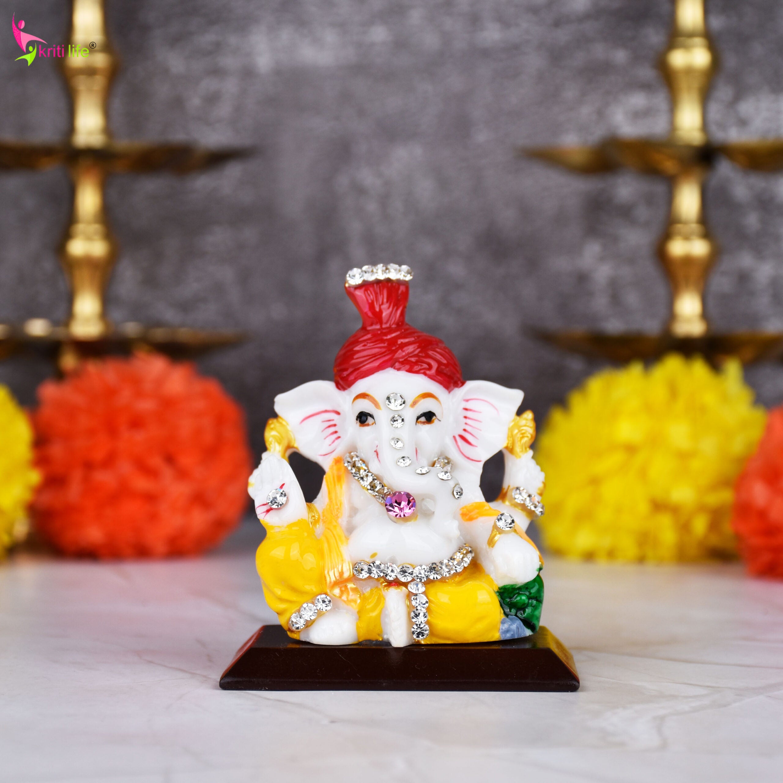 Decorative Lord Ganesha Idol with Diamond Embellishments – Polyresin Statue for Car Dashboard, Home, Office & Gift | 3 inches