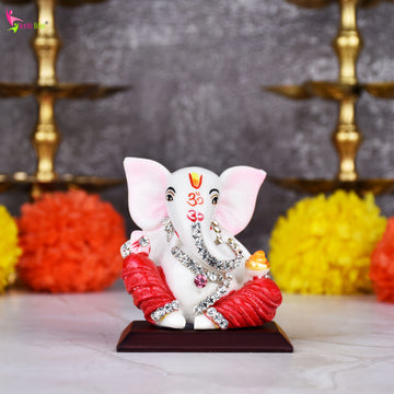 Lord Ganesha Idol with Red Attire & Diamond Embellishments – Polyresin Murti for Home, Car, and Gift | 2.5 inches