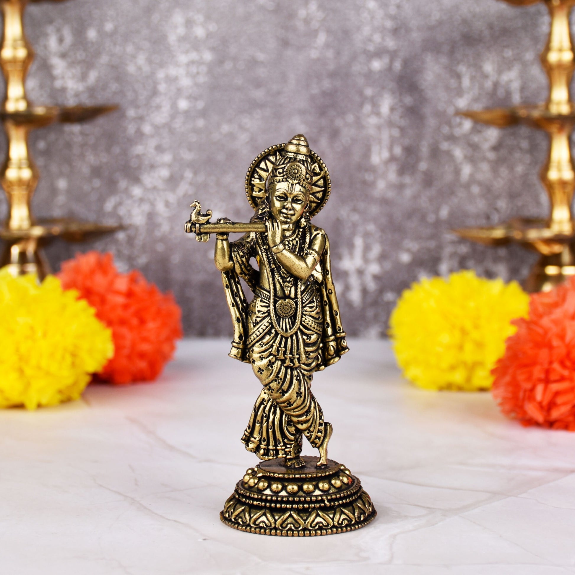 Handcrafted Brass Krishna Idol Playing Flute | 4.5 inches | Lord Krishna Statue for Home &amp; Temple
