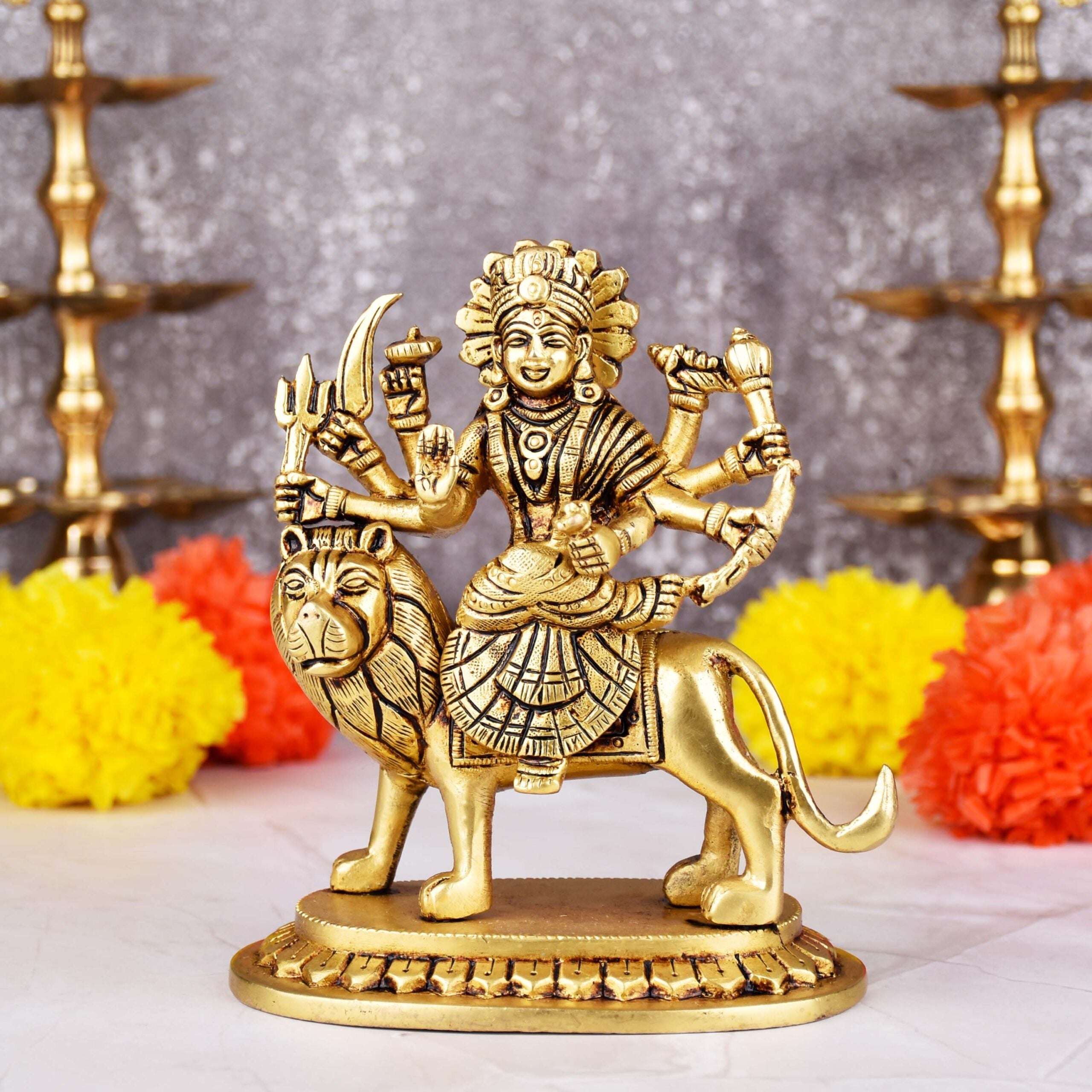 Brass Durga Maa Idol on Lion | 5.5 inches | 8-Handed Hindu Goddess Figurine for Navratri, Diwali & Gift