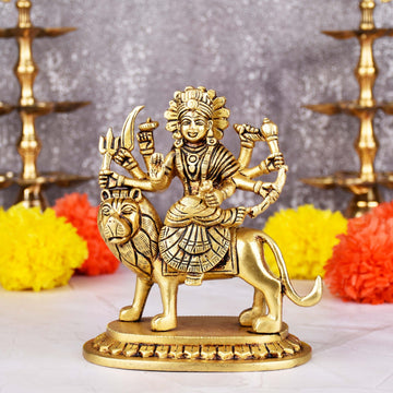 Brass Durga Maa Idol on Lion | 5.5 inches | 8-Handed Hindu Goddess Figurine for Navratri, Diwali & Gift
