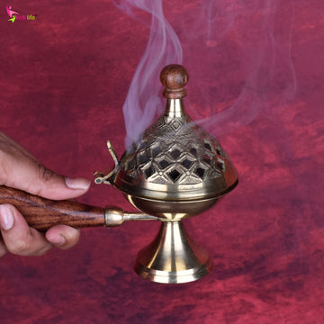 Brass Dhupiya with Wooden Handle | Traditional Jaali Dhoop Burner- 4.5 inches for Pooja