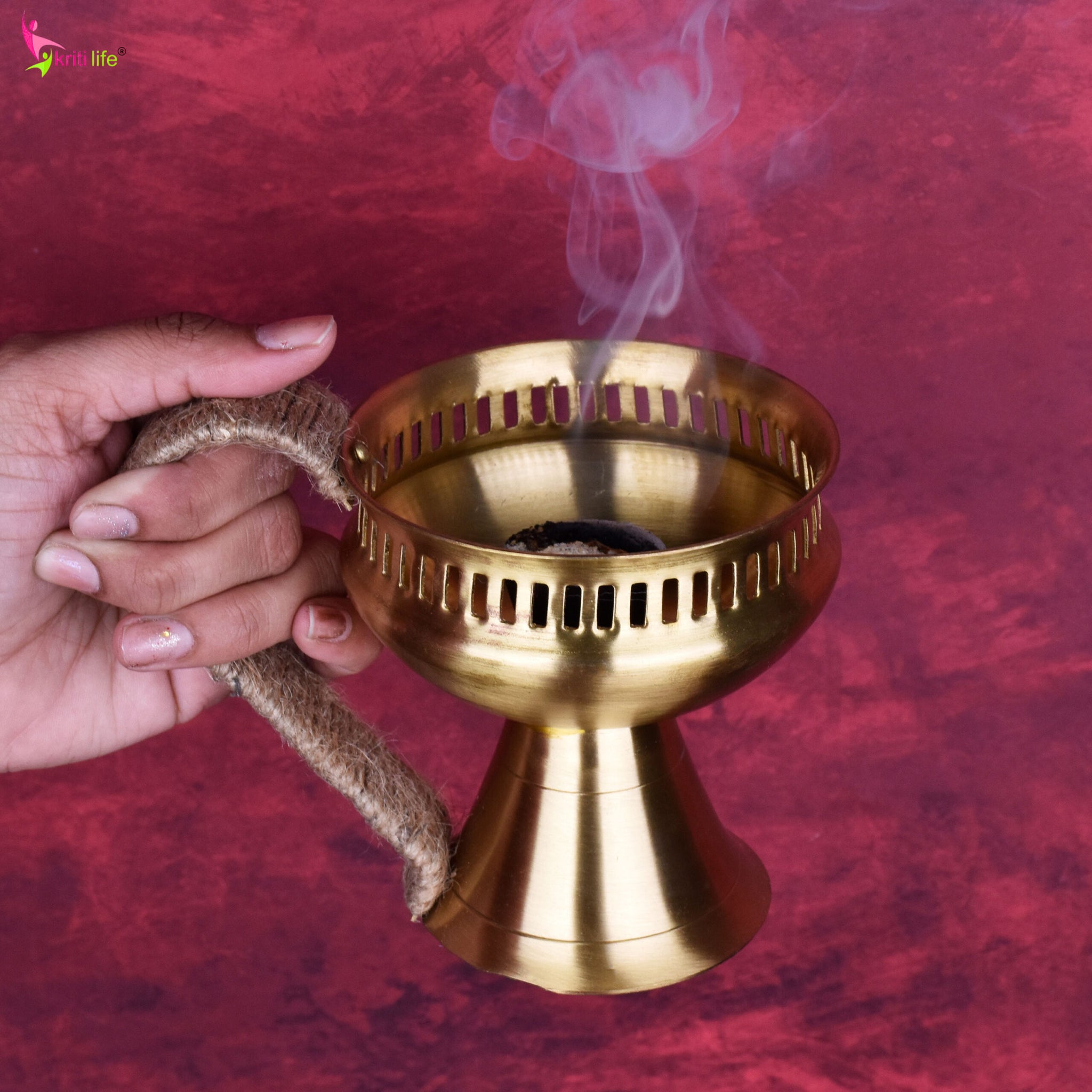 Brass Dhupiya with Jute Handle | Handcrafted Dhoop Burner for Pooja & Havan- 6 inches