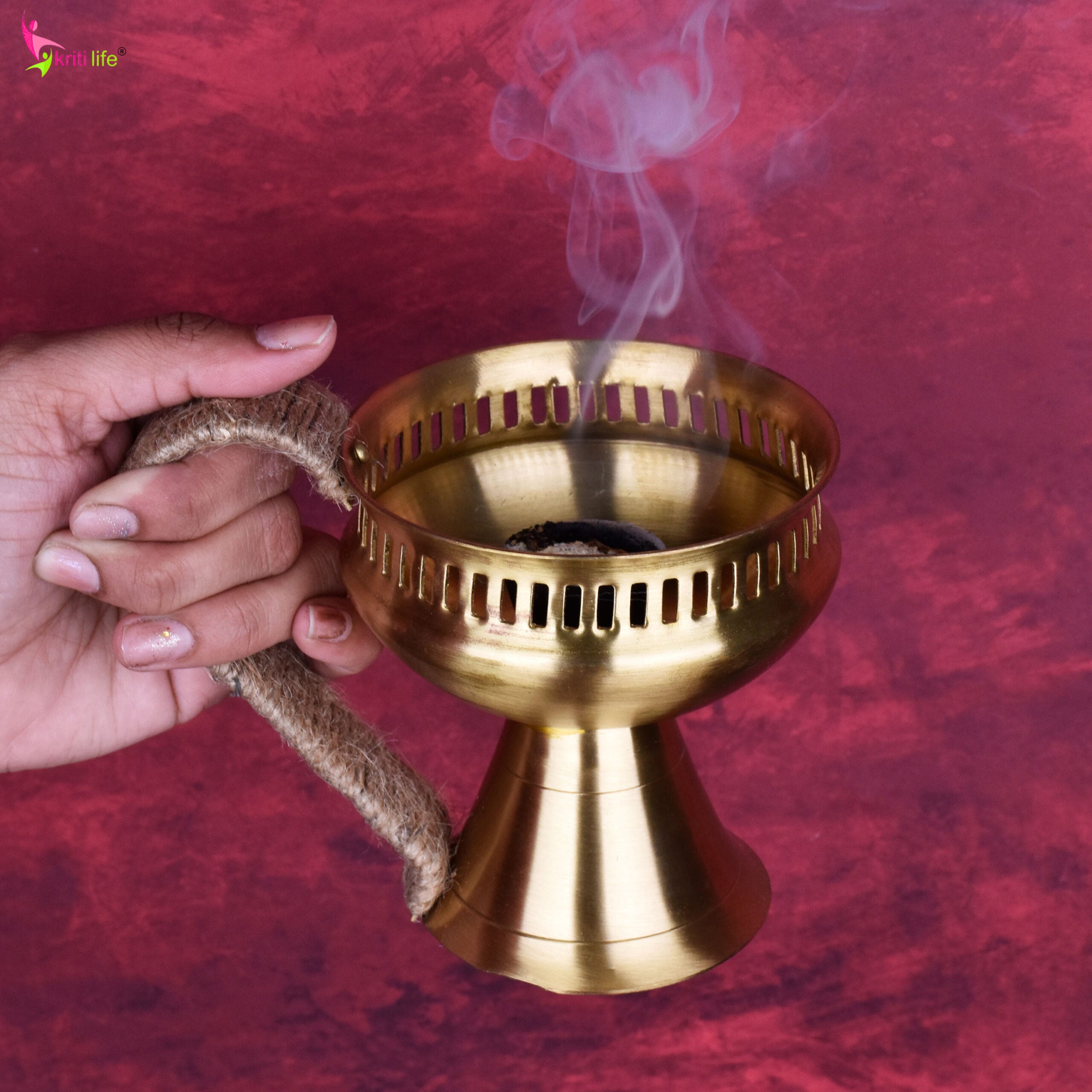 Brass Dhupiya with Jute Handle | Handcrafted Dhoop Burner for Pooja & Havan- 6 inches
