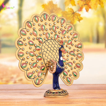 Handcrafted Aluminium Peacock Showpiece with Open Feather Fan - 5 inches