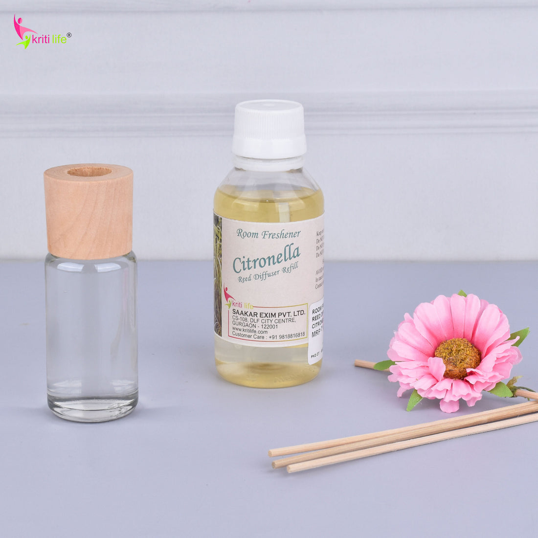 Kriti Life Reed Diffuser Refill - Citronella 90ML Long-Lasting Room Fragrance