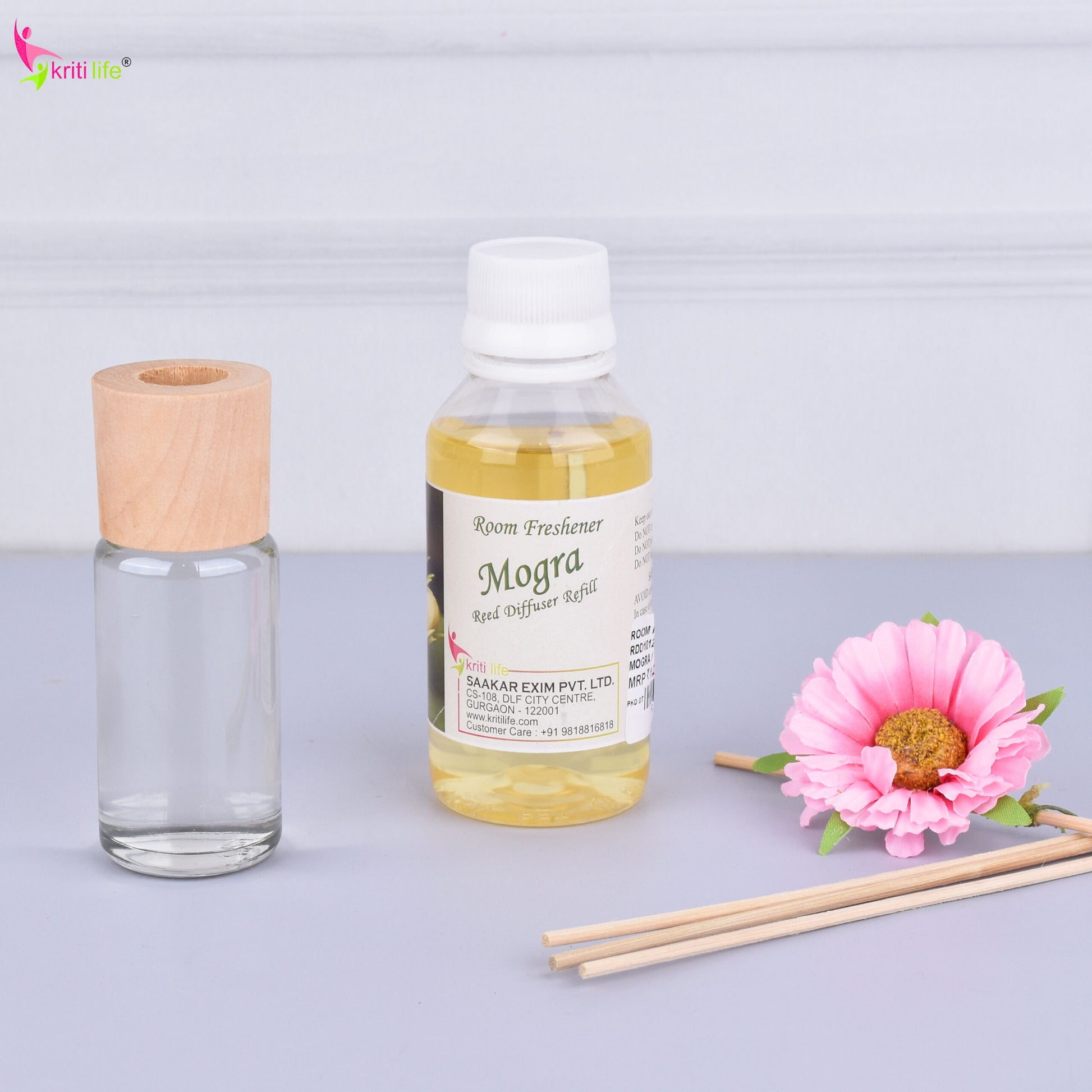 Kriti Life Reed Diffuser Refill - Mogra 90ML Long-Lasting Room Fragrance