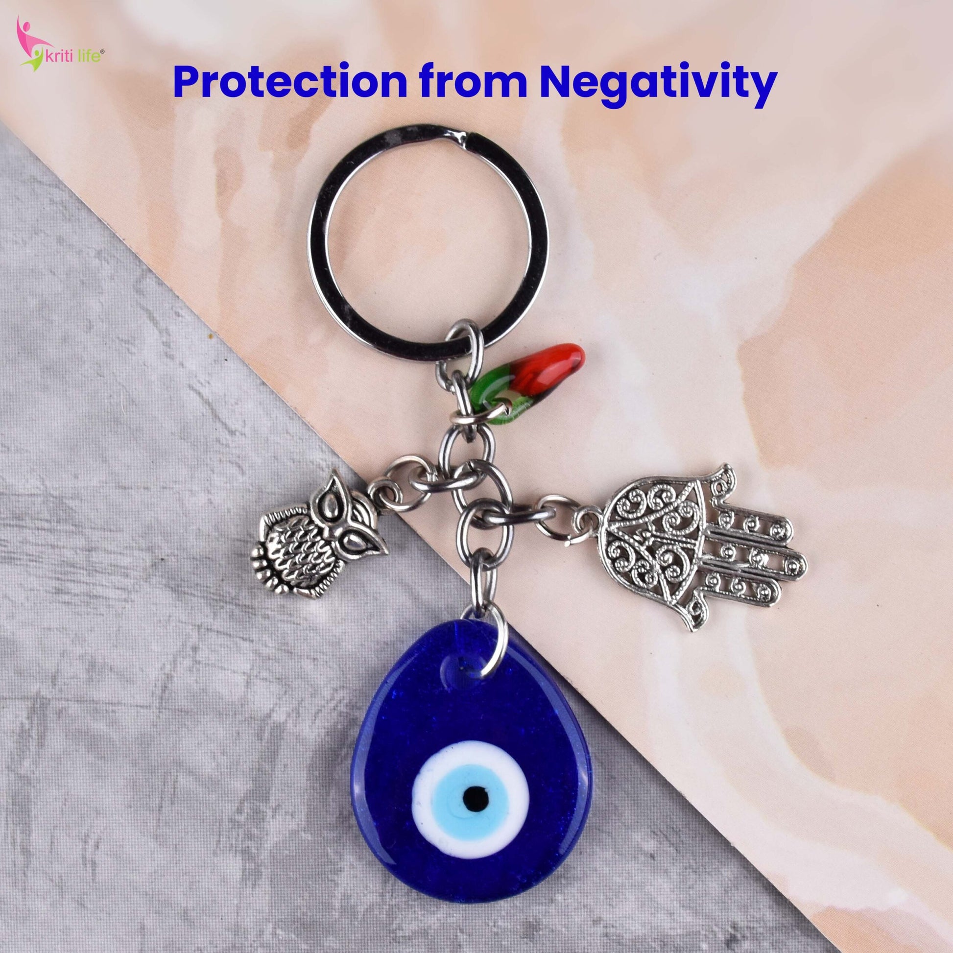 Evil Eye Keychain with Owl, Hamsa & Chilli Charm | Protection from Negativity & Stylish Accessory- 12 cm Hight