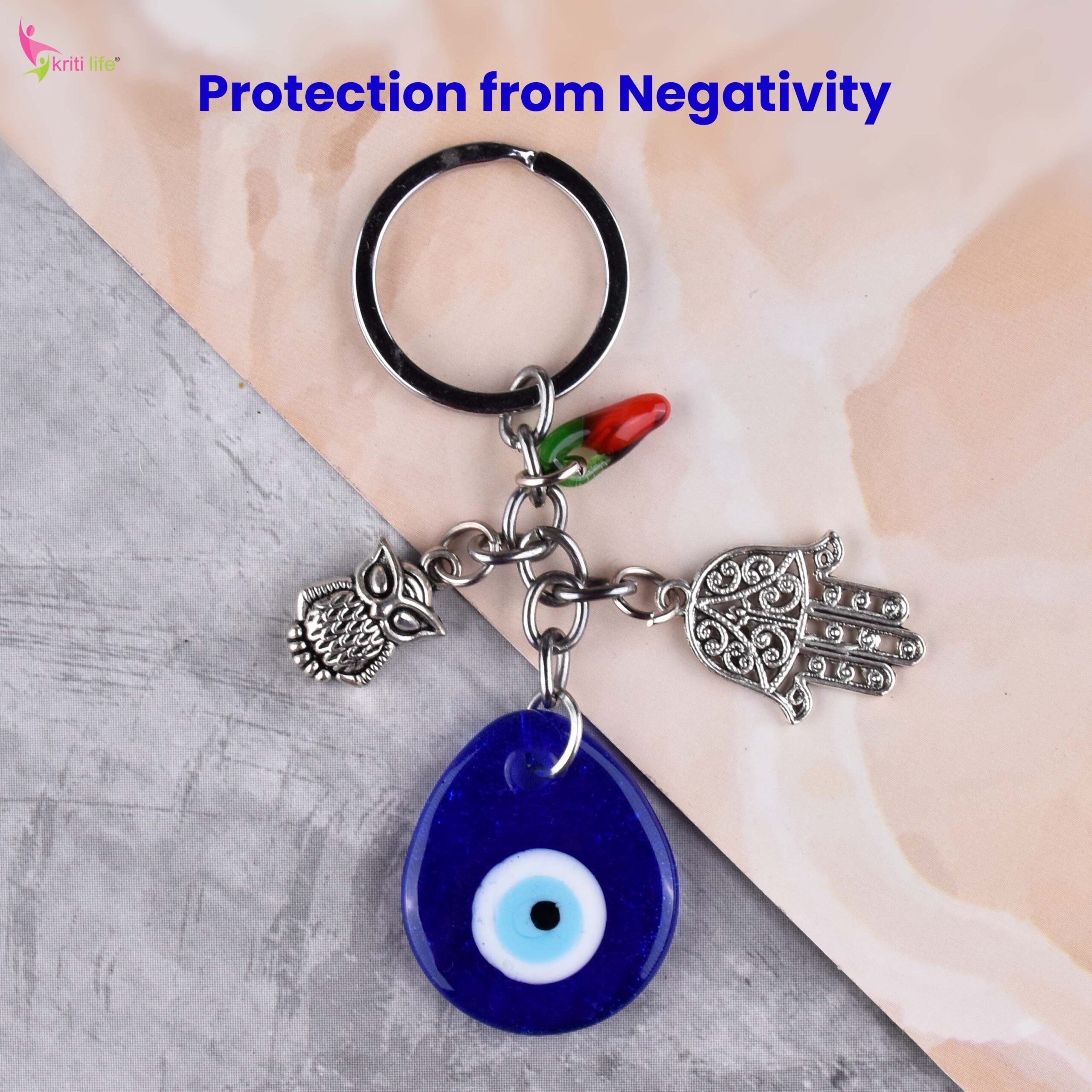 Evil Eye Keychain with Owl, Hamsa & Chilli Charm | Protection from Negativity & Stylish Accessory- 12 cm Hight