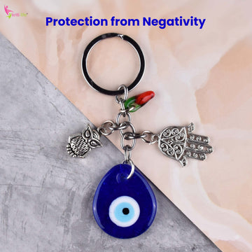 Evil Eye Keychain with Owl, Hamsa & Chilli Charm | Protection from Negativity & Stylish Accessory- 12 cm Hight