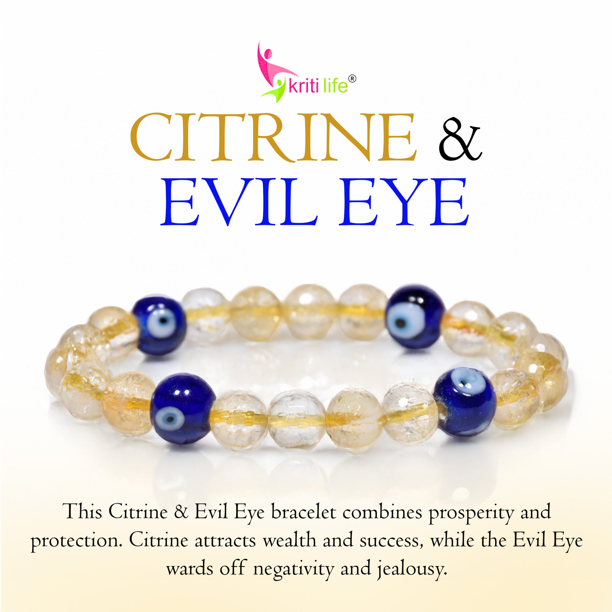 Natural Citrine & Evil Eye Stone Bracelet for Prosperity, Protection - 8mm