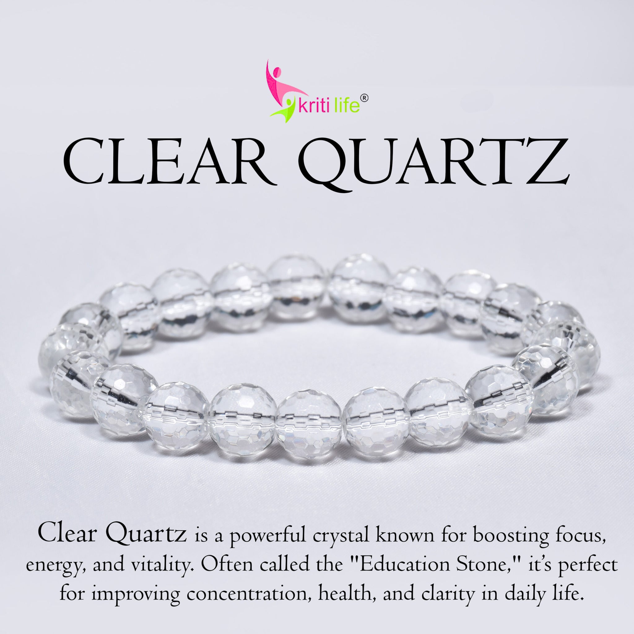 Natural Clear Quartz Crystal Bracelet for Focus, Energy & Healing-10mm