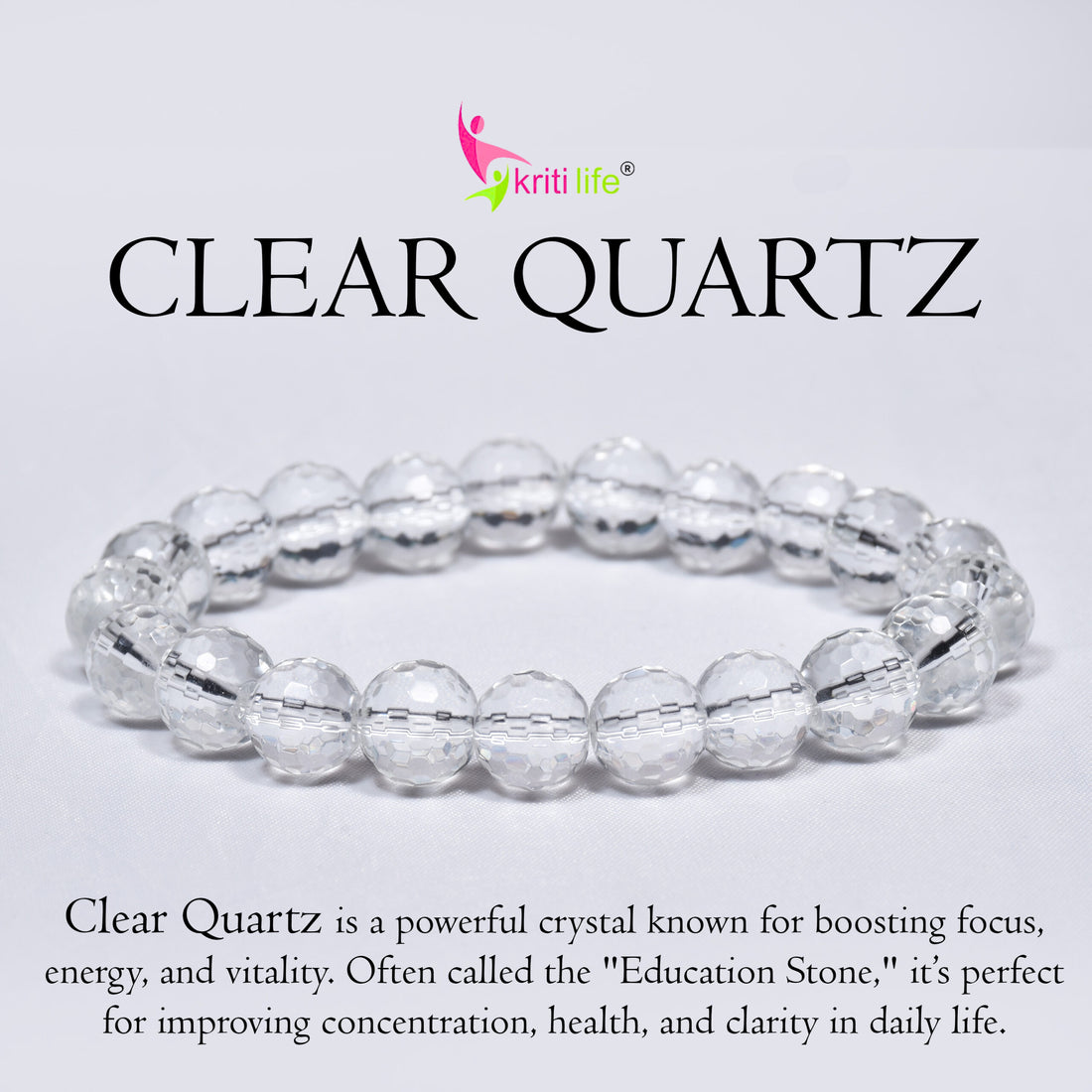 Natural Clear Quartz Crystal Bracelet for Focus, Energy & Healing-10mm