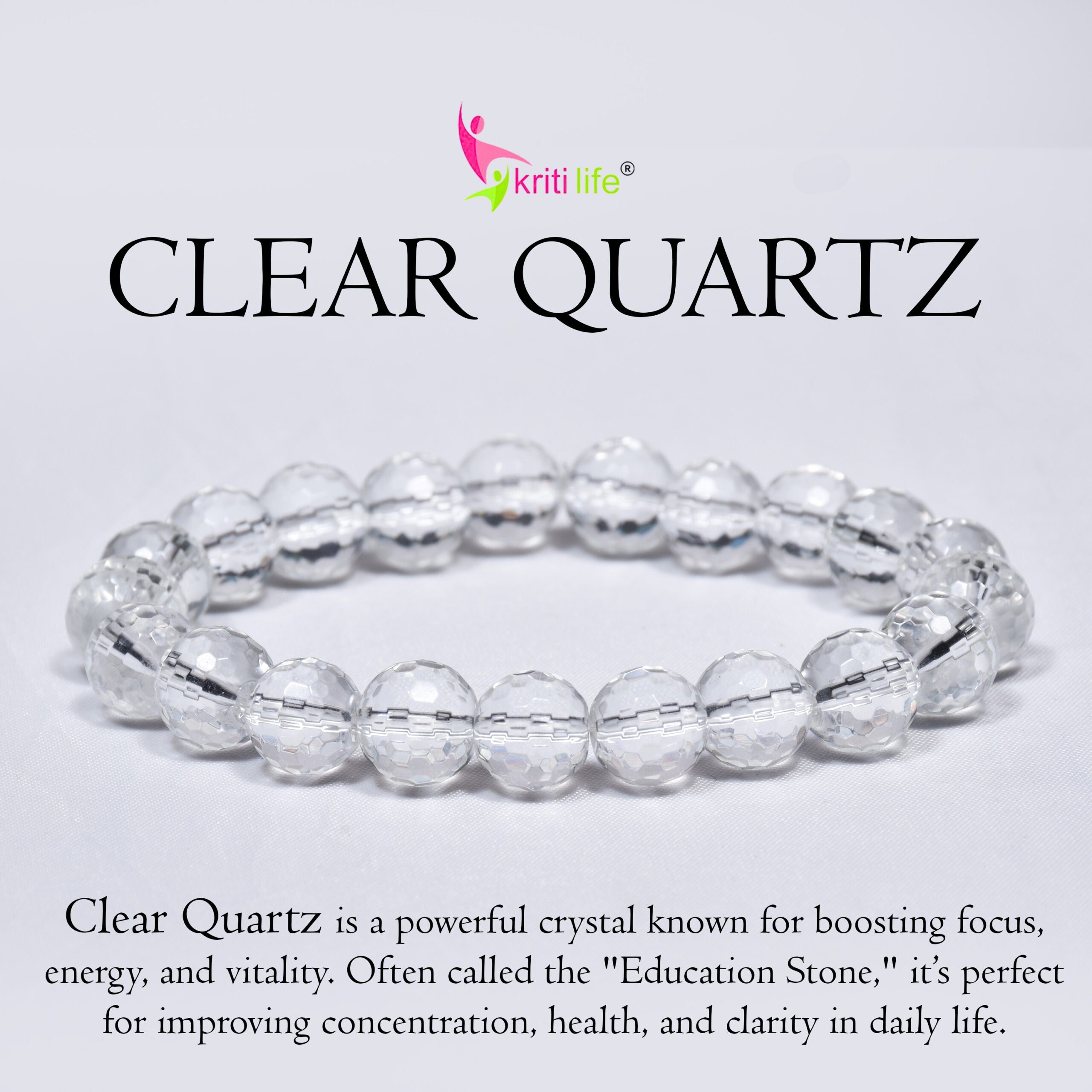 Natural Clear Quartz Crystal Bracelet for Focus, Energy & Healing-10mm