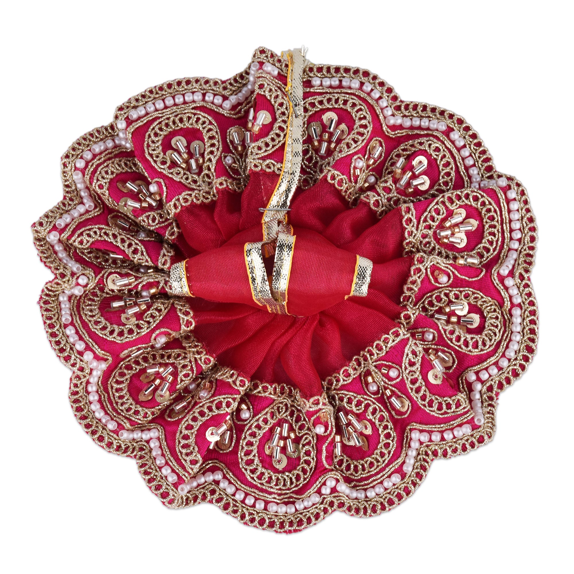 Traditional Red Laddu Gopal Dress for 4 Inch Idol – Golden Beads & Sequin Work Poshak
