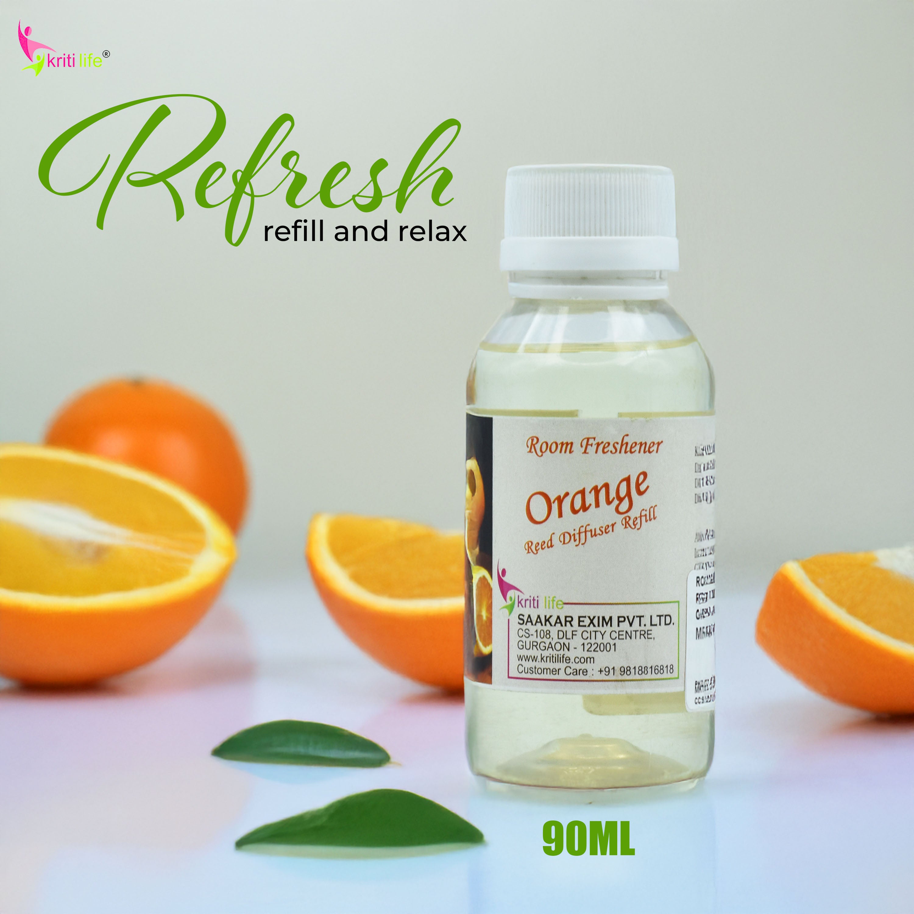 Kriti Life Reed Diffuser Refill - Orange 90ML Long-Lasting Room Fragrance