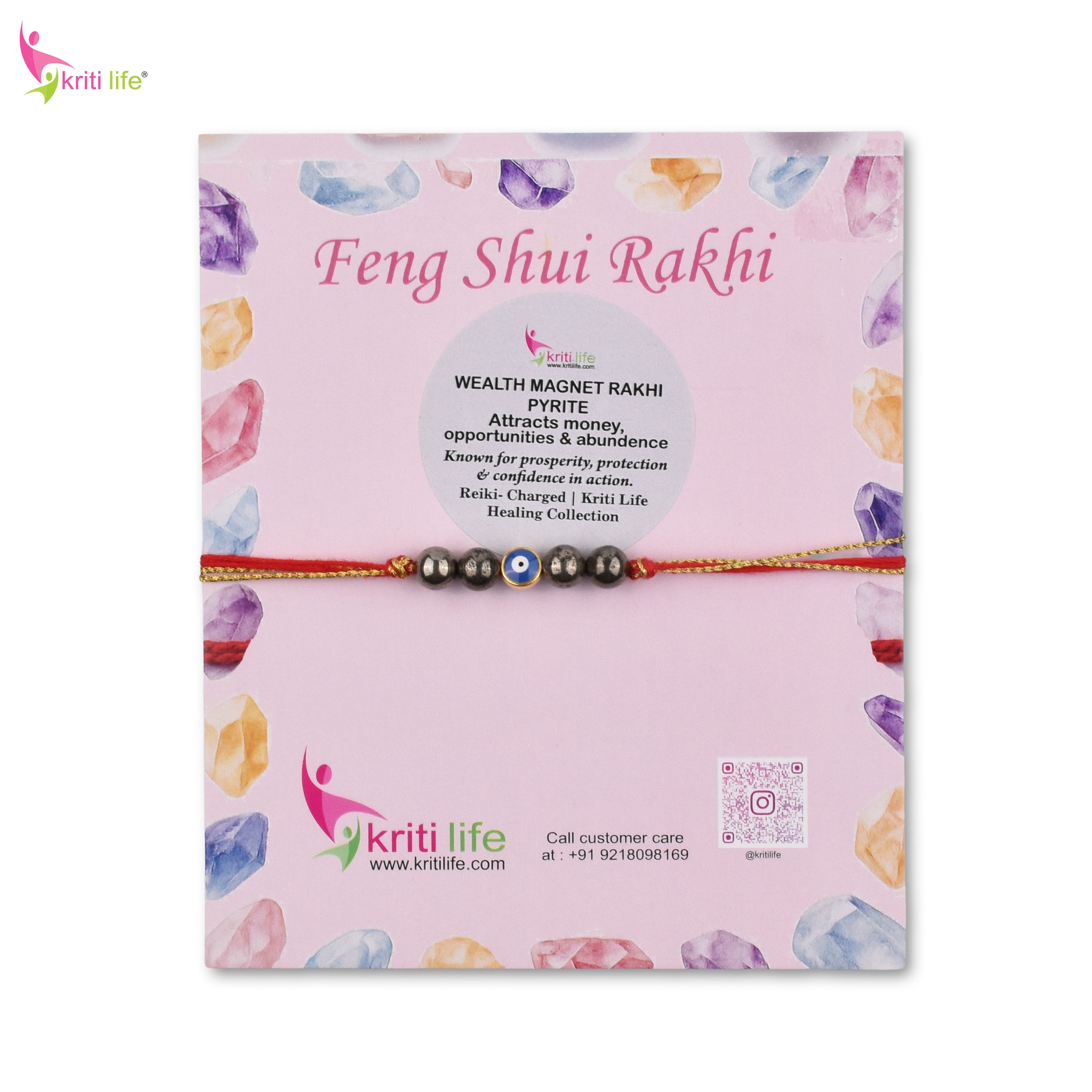 Pyrite Evil Eye Rakhi | Feng Shui Wealth Magnet Rakhi Gift Set with Roli Chawal Platter