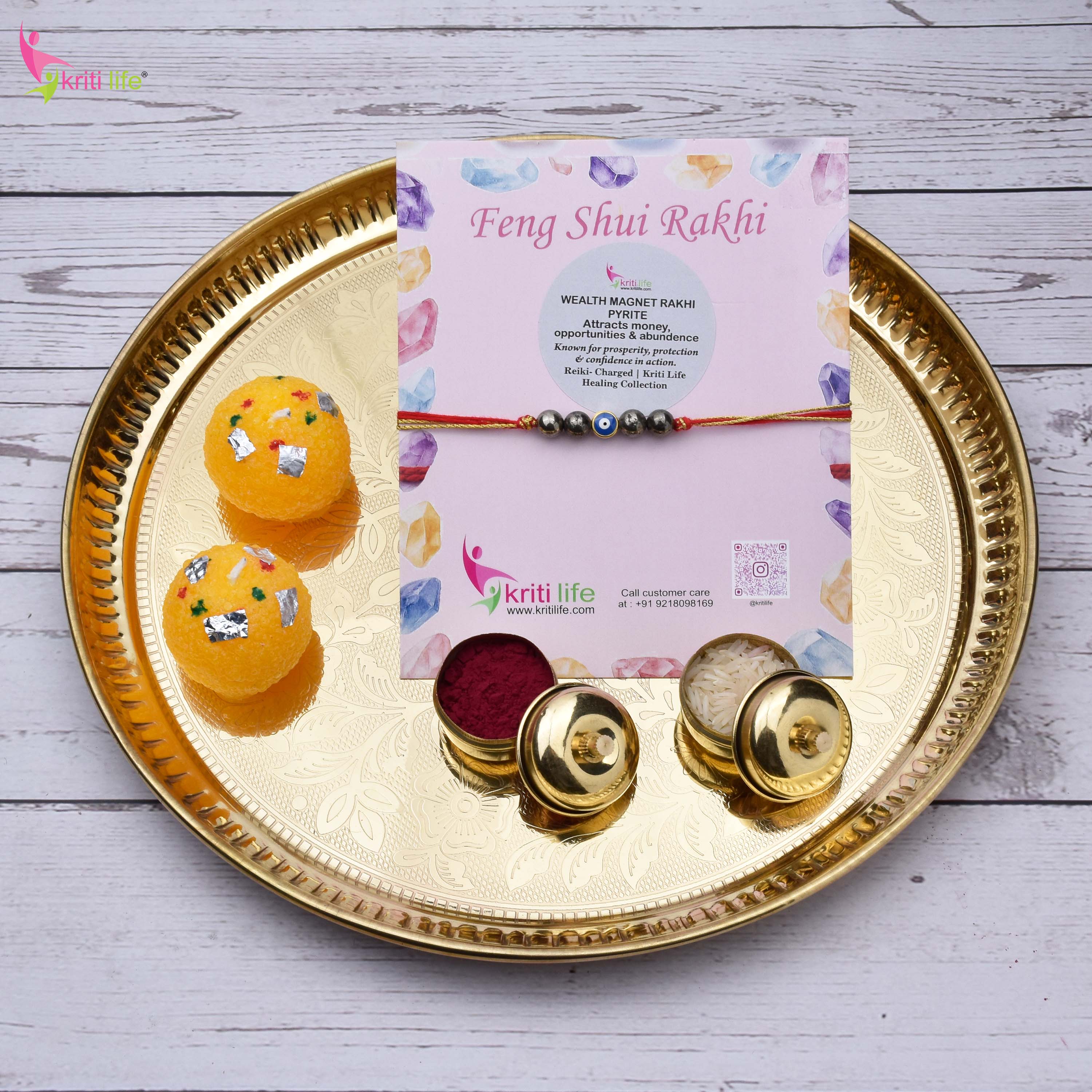 Pyrite Evil Eye Rakhi | Feng Shui Wealth Magnet Rakhi Gift Set with Roli Chawal Platter