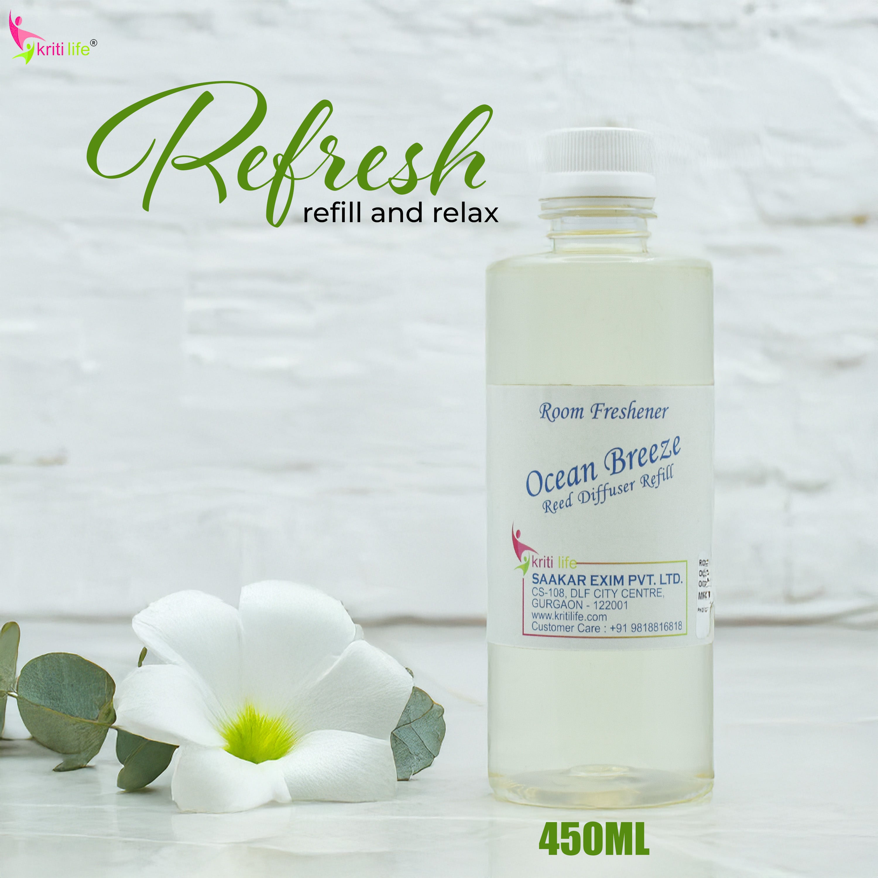 Kriti Life Reed Diffuser Refill - Ocean Breeze 450ML Long-Lasting Room Fragrance