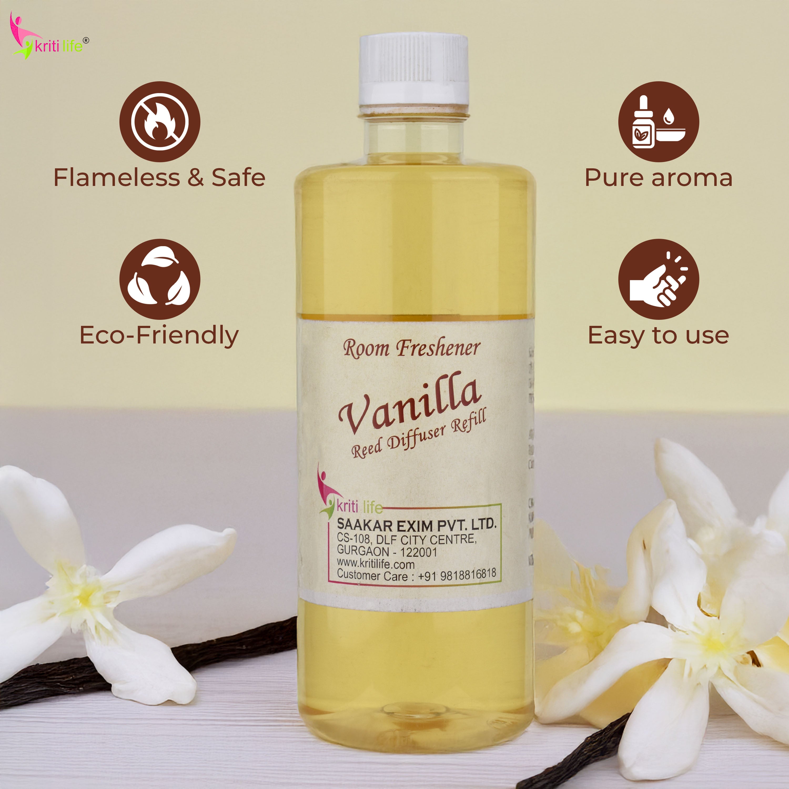 Kriti Life Reed Diffuser Refill - Vanilla 450ML Long-Lasting Room Fragrance
