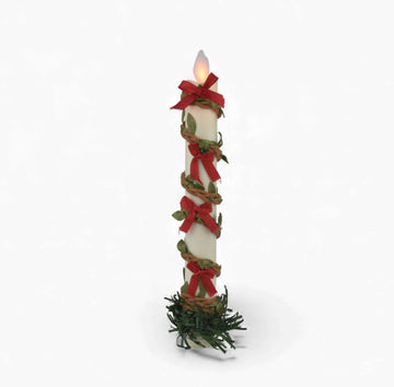 Electric Light-Up Christmas Candle with Decorative Red Bow & Wreath Base