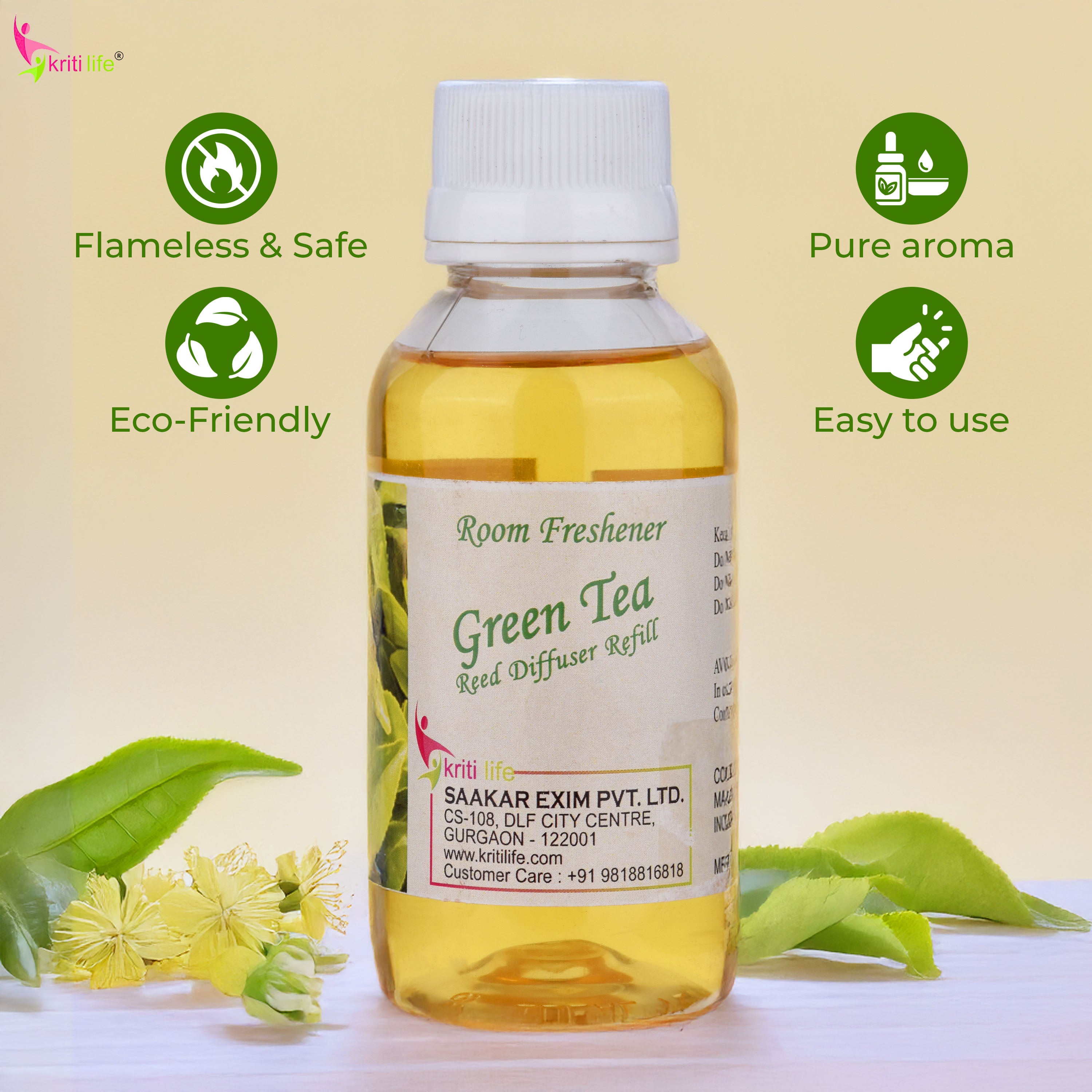 Kriti Life Reed Diffuser Refill - Green Tea 90ML Long-Lasting Room Fragrance