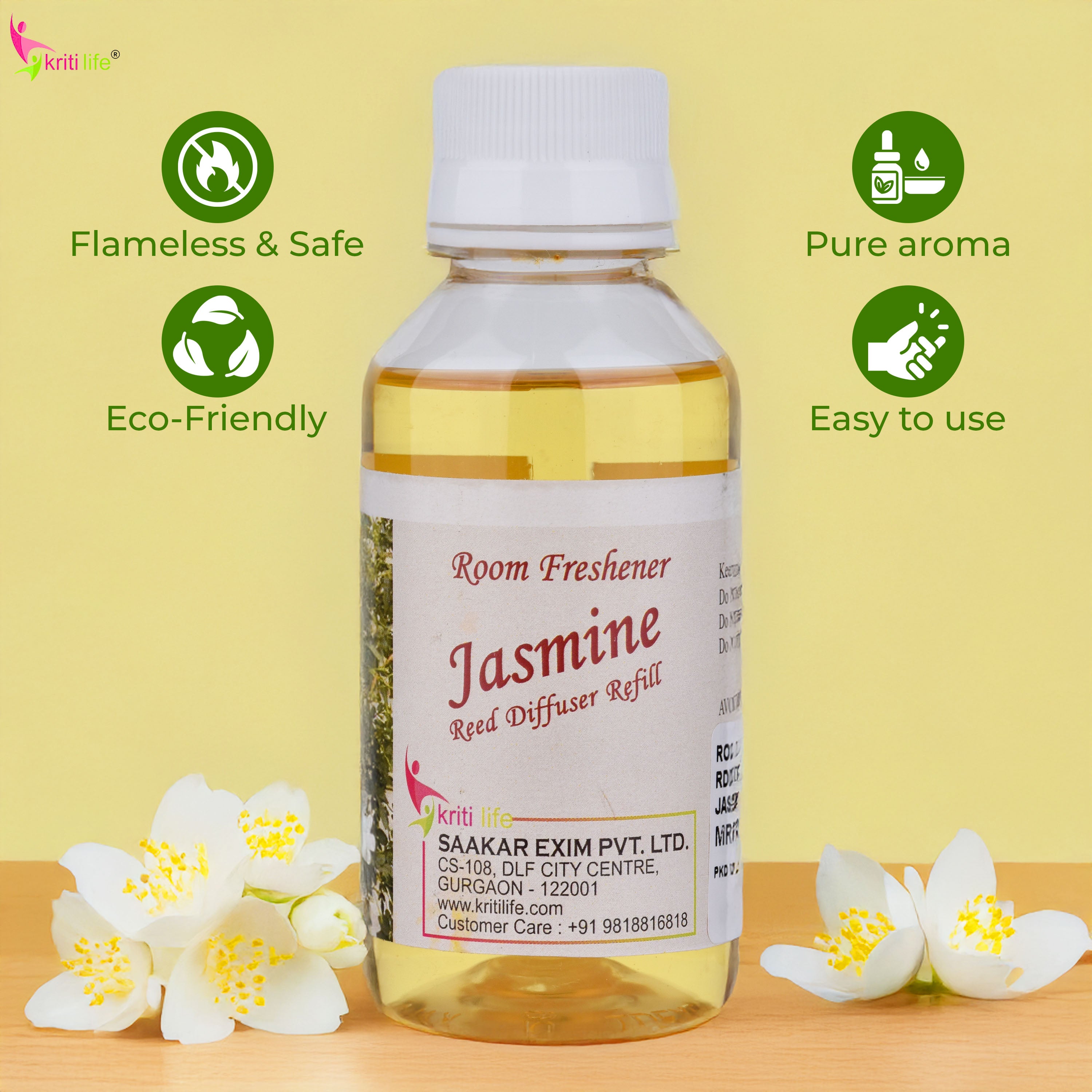 Kriti Life Reed Diffuser Refill - Jasmine 90ML Long-Lasting Room Fragrance