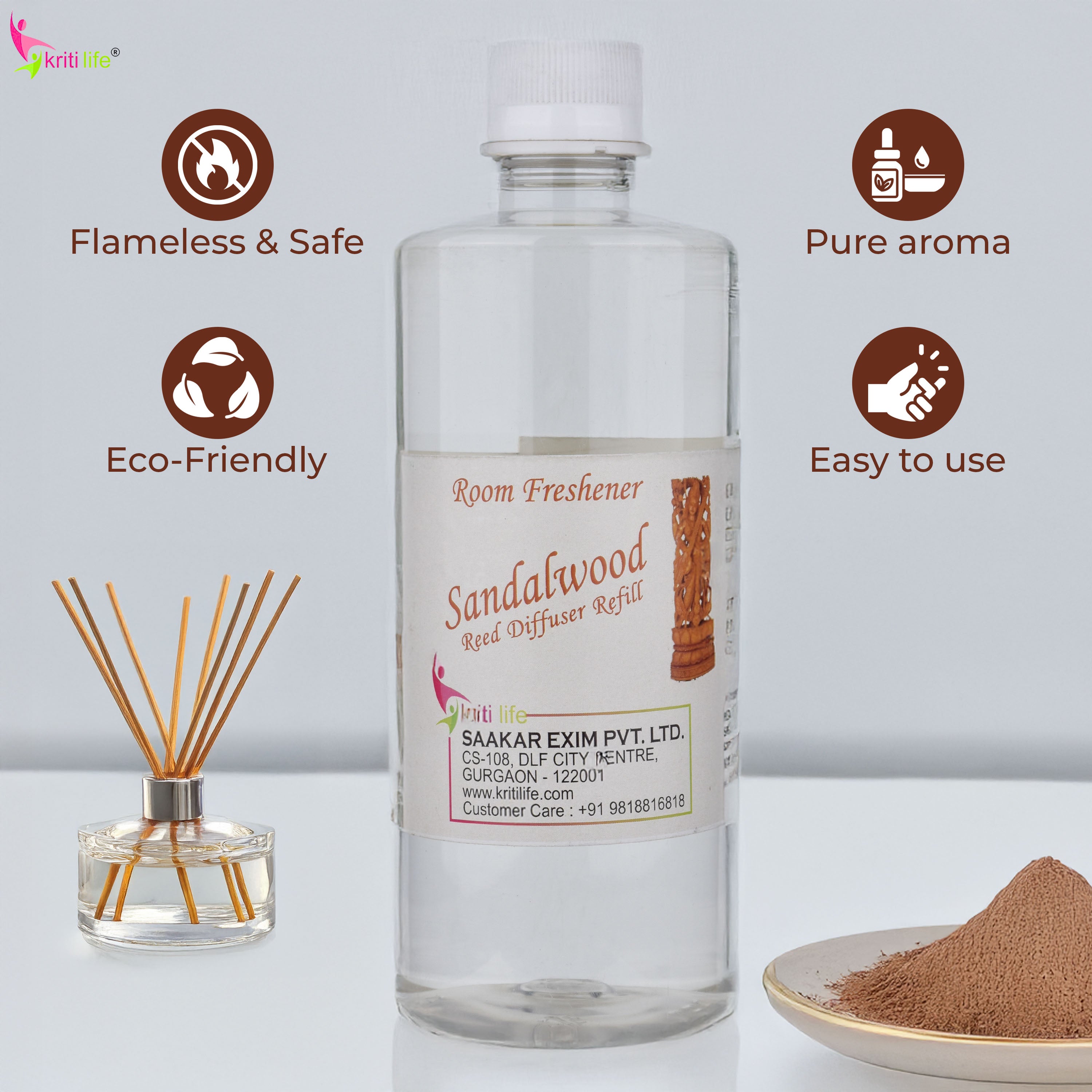 Kriti Life Reed Diffuser Refill - Sandalwood 450ML Long-Lasting Room Fragrance