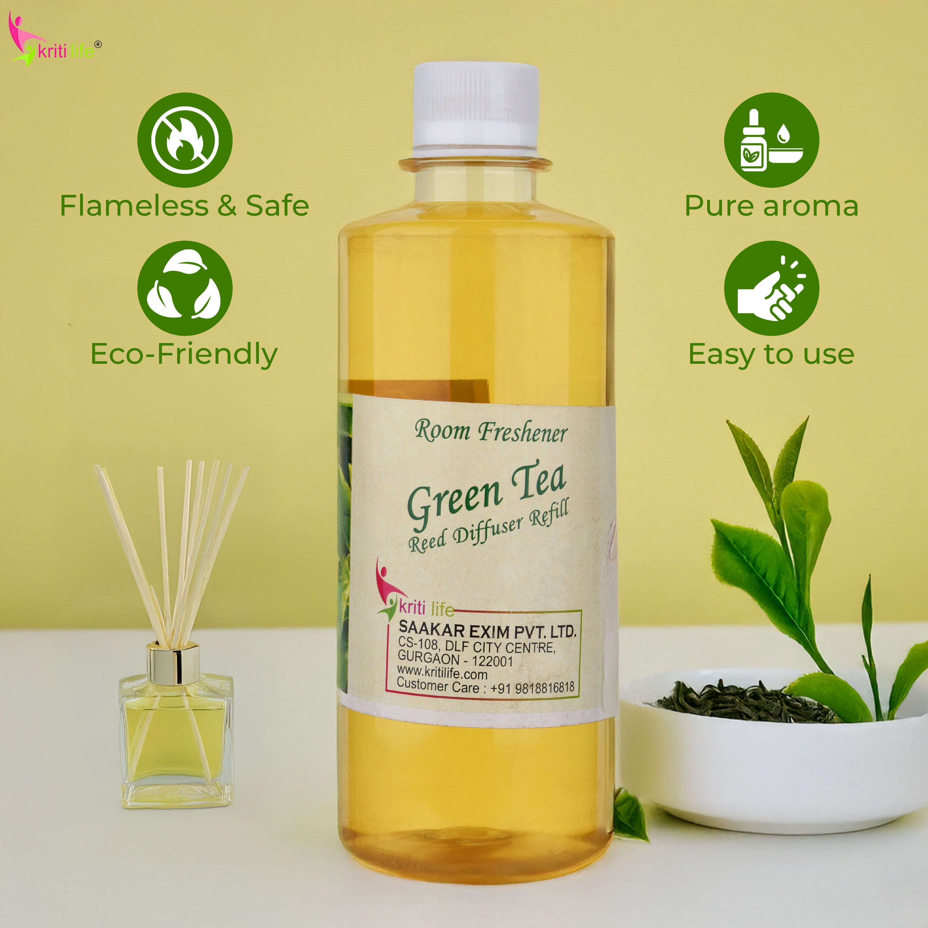 Kriti Life Reed Diffuser Refill - Green Tea 450ML Long-Lasting Room Fragrance