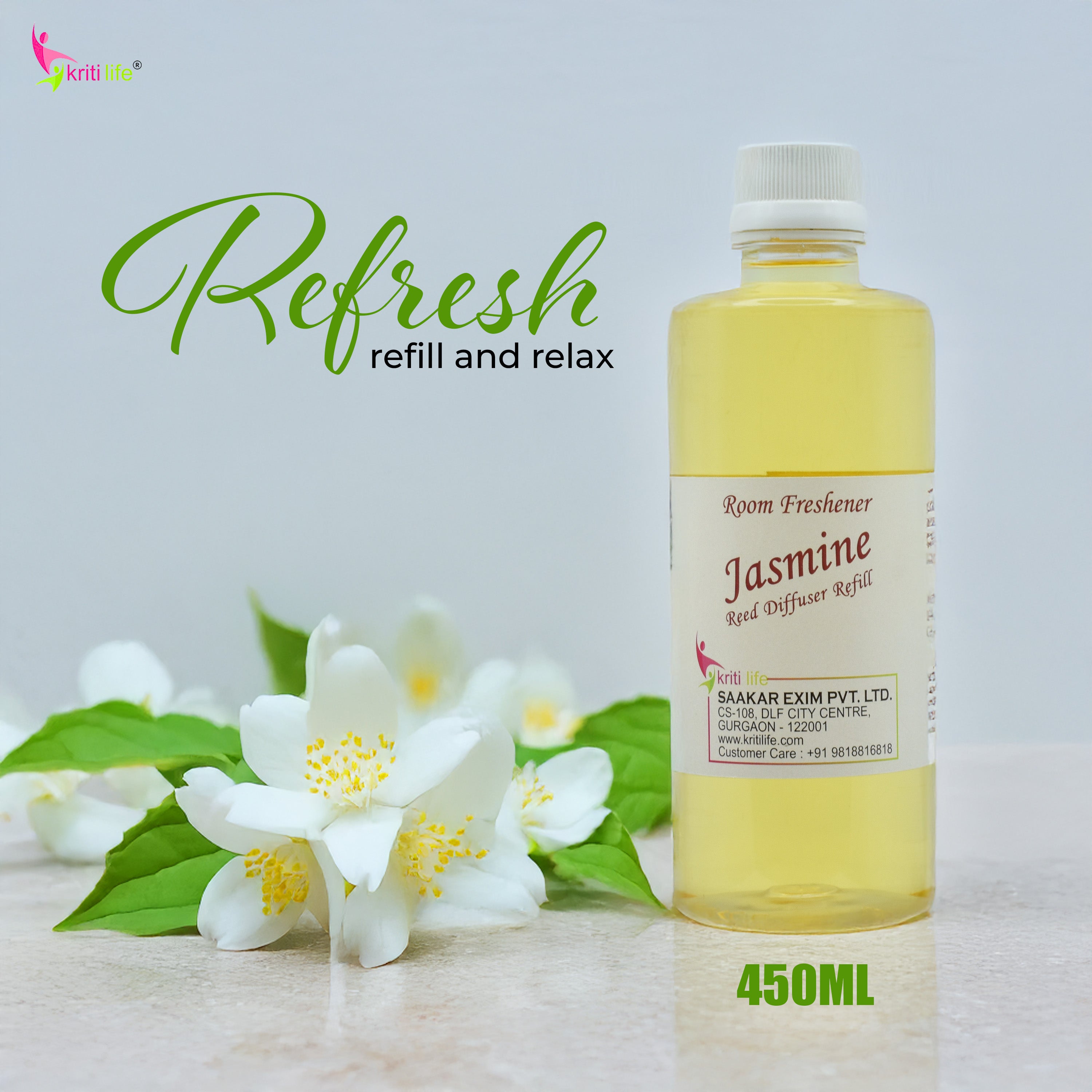 Kriti Life Reed Diffuser Refill - Jasmine 450ML Long-Lasting Room Fragrance